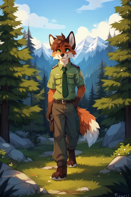 solo，full body，Male，fox，green eyes，brown hands，park ranger，trousers，outdoor，park ranger green tie，((Campaign Cover))，Evergreen pine forest and mountains national park in the background，park ranger jeep，Environmental protection area, ((by keihound, by reysi)), by Zackary911, by hyattlen, by fumiko, by fluff-kevlar, Furry, Anthro,