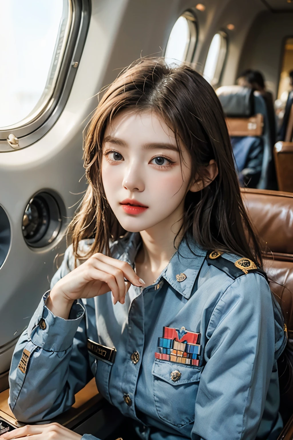 사진을 위해 jet 앞에 서서 포즈를 취하는 Air Force Uniform을 입은 여성, korean beauty,  Air Force Uniform, salute posture, Put it in one hand pocket, pilot, high speed airplane, light aircraft, jet,