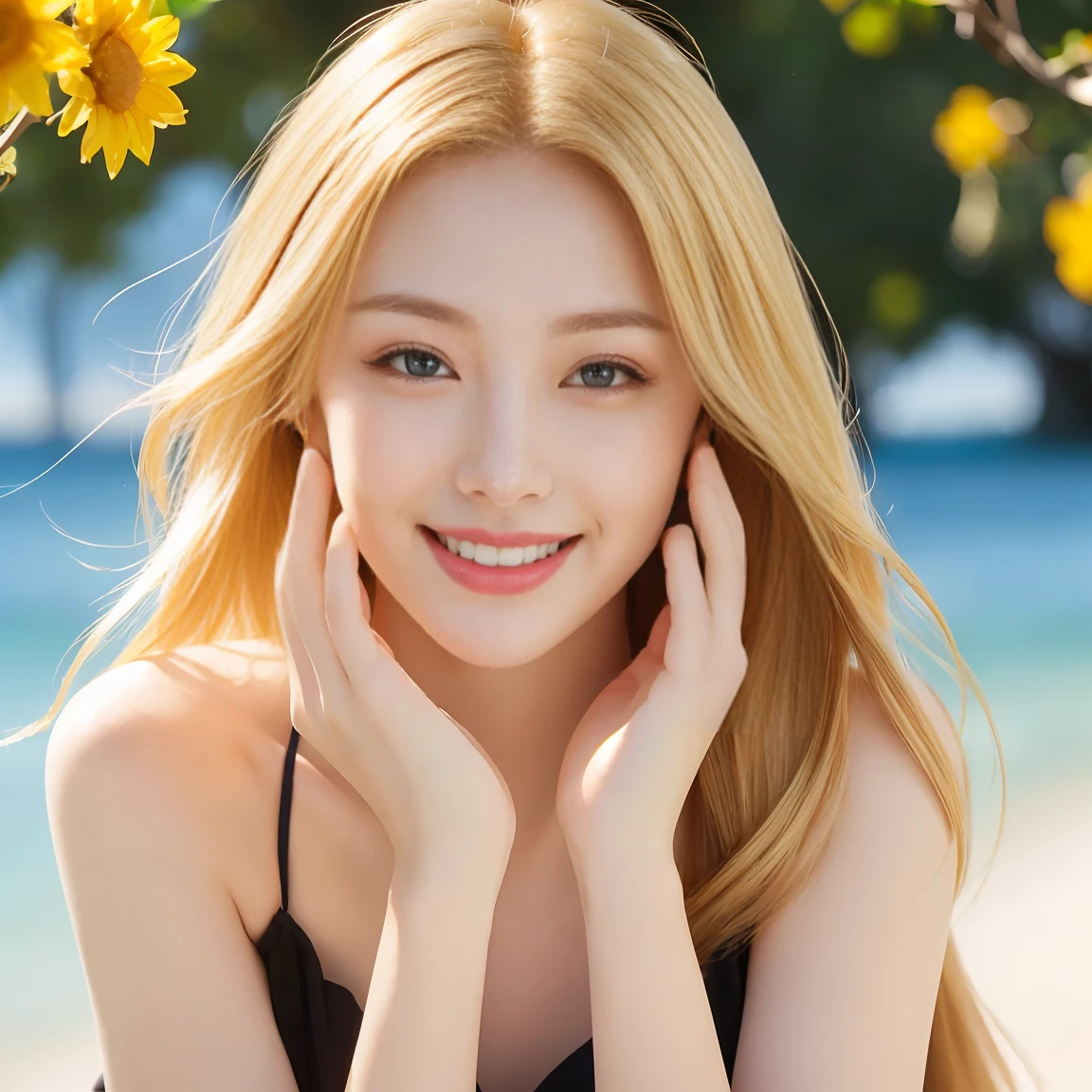 beautiful young woman, golden hair, blue eyes, smiling happily, joy, joyful, sunny day