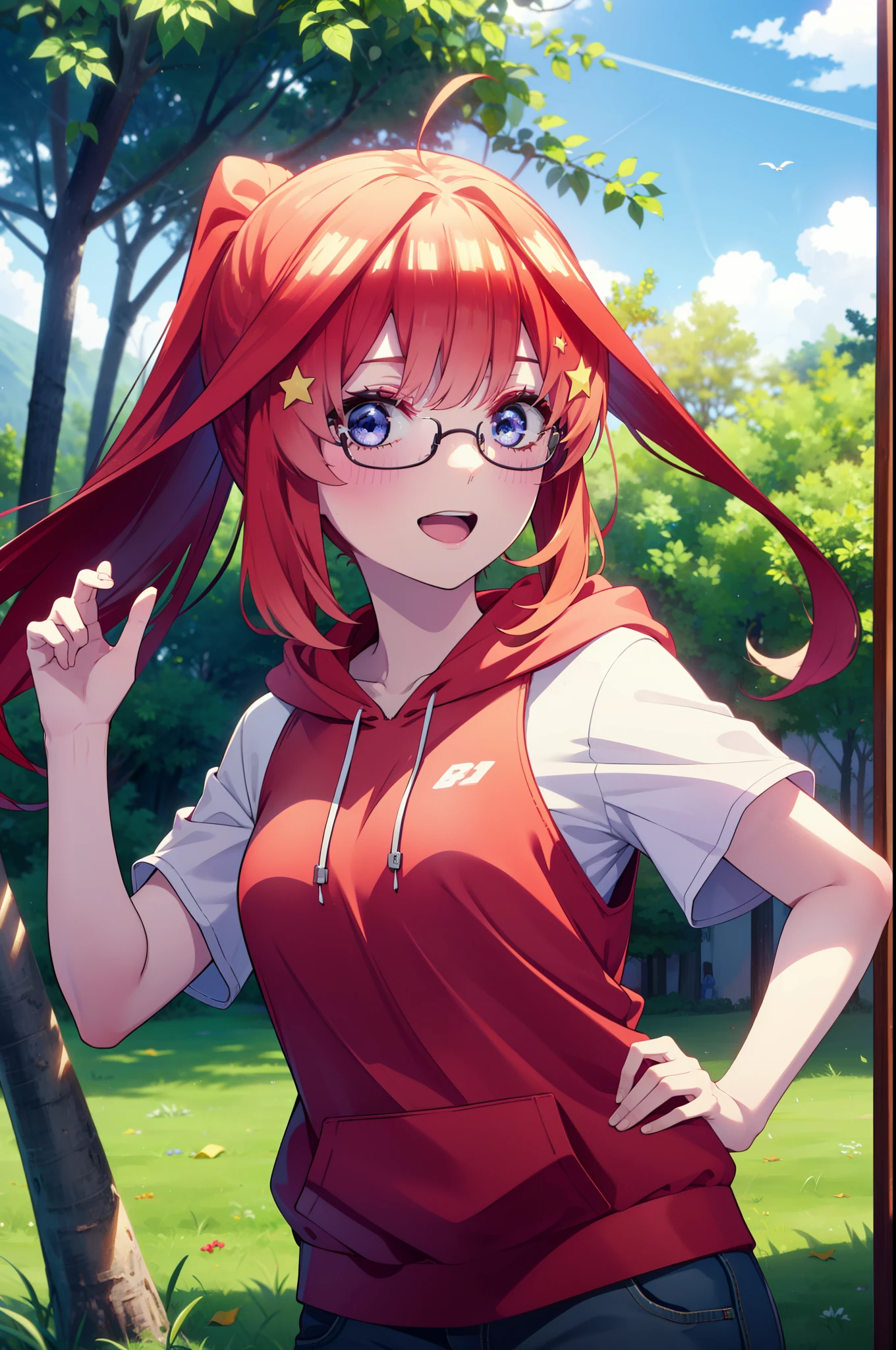 itsukinakano, Itsuki Nakano, bangs, blue eyes, Hair between the eyes, Ahoge, Redhead, star \(symbol\), hair ornaments, star hair ornaments,Akagi glasses, tooth, smile, Open your mouth,ponytail,Red hoodie,Short sleeve,Baseball cap,Food Up,Red Tank Top Shirt,Short denim,Red Knee High Socks,High Top Sneakers,Daytime,sunny,Real Summer,barbecue,tent,
break looking at viewer, Upper Body, whole body,(Cowboy Shot:1. 5)
break outdoors, forest, nature,camp site,
break (masterpiece:1.2), highest quality, High resolution, unity 8k wallpaper, (shape:0.8), (Beautiful details:1.6), Highly detailed face, Perfect lighting, Extremely detailed CG, (Perfect hands, Perfect Anatomy),