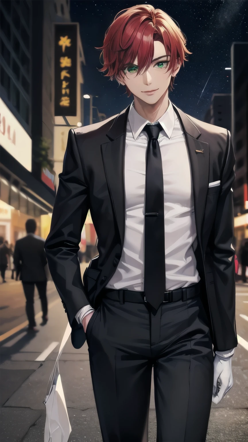 (masterpiece), ((sfw)), best quality, expressive eyes, perfect face, mature male, (1boy, adult Man, young adult, handsome man), solo, red hair BREAK bob cut, green eyes BREAK (tanned skin, tanned male), formal outfit, black outfit, necktie, white gloves BREAK standing, closed mouth, pov, city lights, night streets, ((crowd, people)), night sky, starry sky, smile