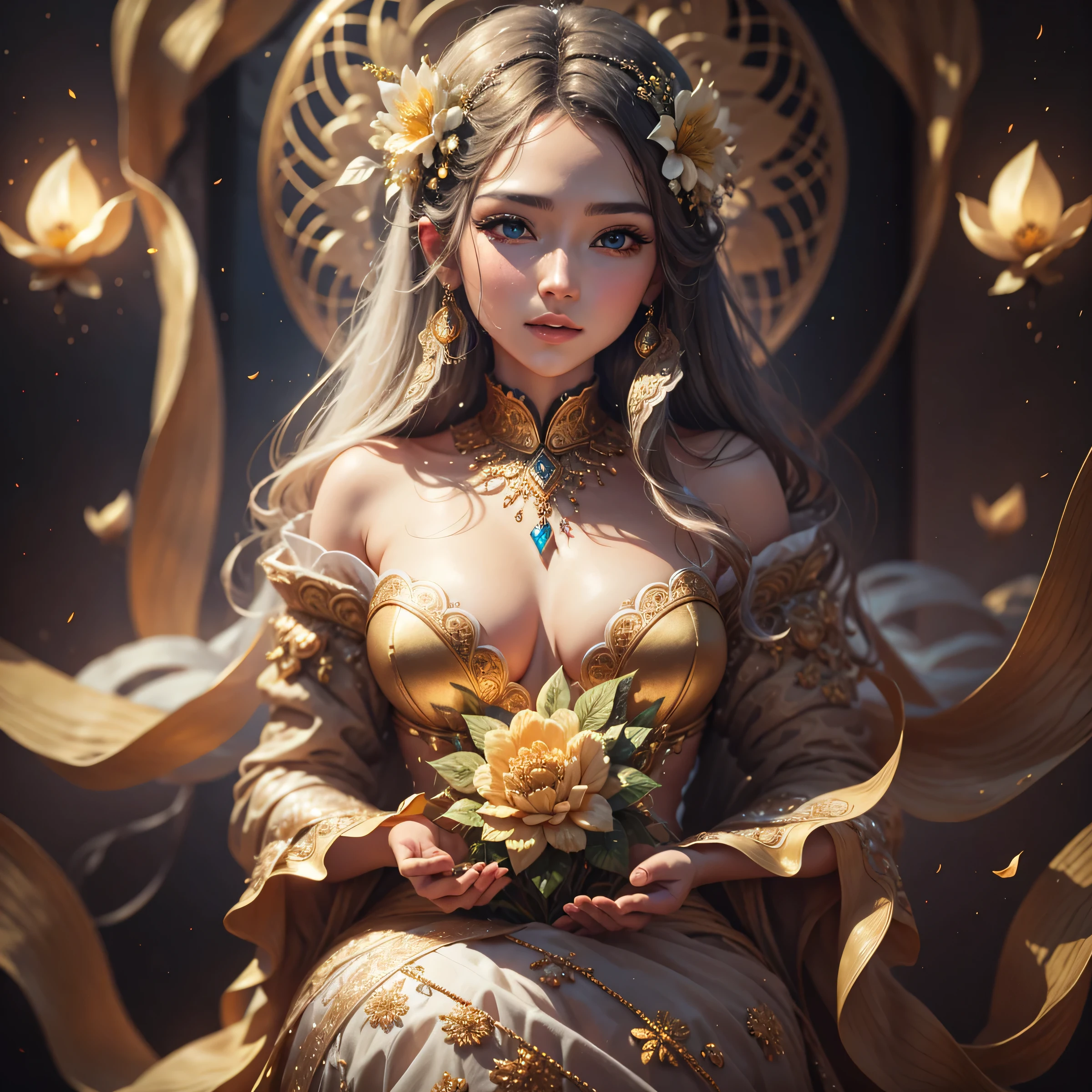 Highest image quality, ultra high definition, masterpiece, flower of life, Enlightenment, golden heart in the middle of her chest, beautiful lady in meditation, depth in eyes, super realistic eyes, light and shadow, particle light, particle special effects, Bioluminescence, beautiful romance, beautiful, dream highest quality, ultra high definition, masterpiece, exquisite CG, exquisite details, rich picture layers, beautiful, perfect details, best quality, highest image quality, high resolution, high definition, 16k, 8k, UHD, HDR, HD,--v5,--ar