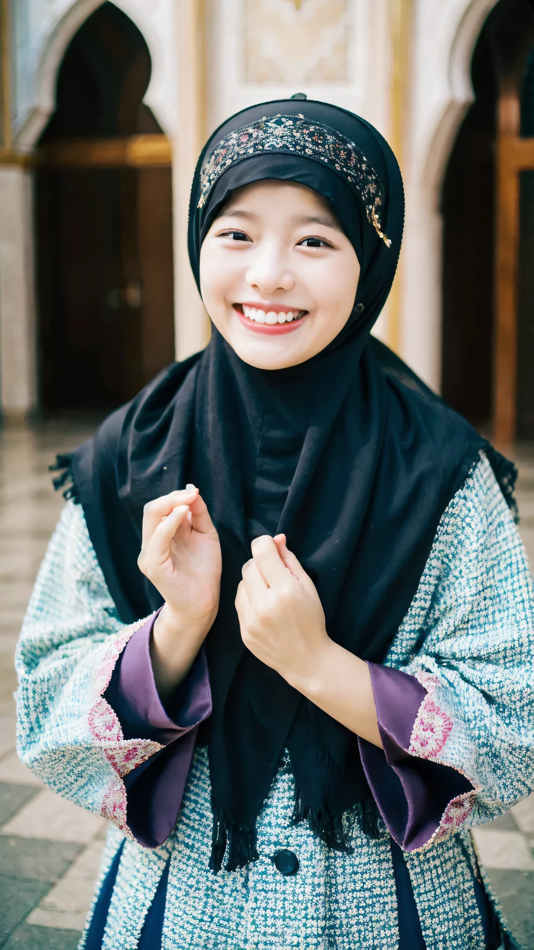 (8K, highest quality, masterpiece: 1.2), Super detailed, super resolution, a beautiful girl, (huge Laughing:1.1), mosque