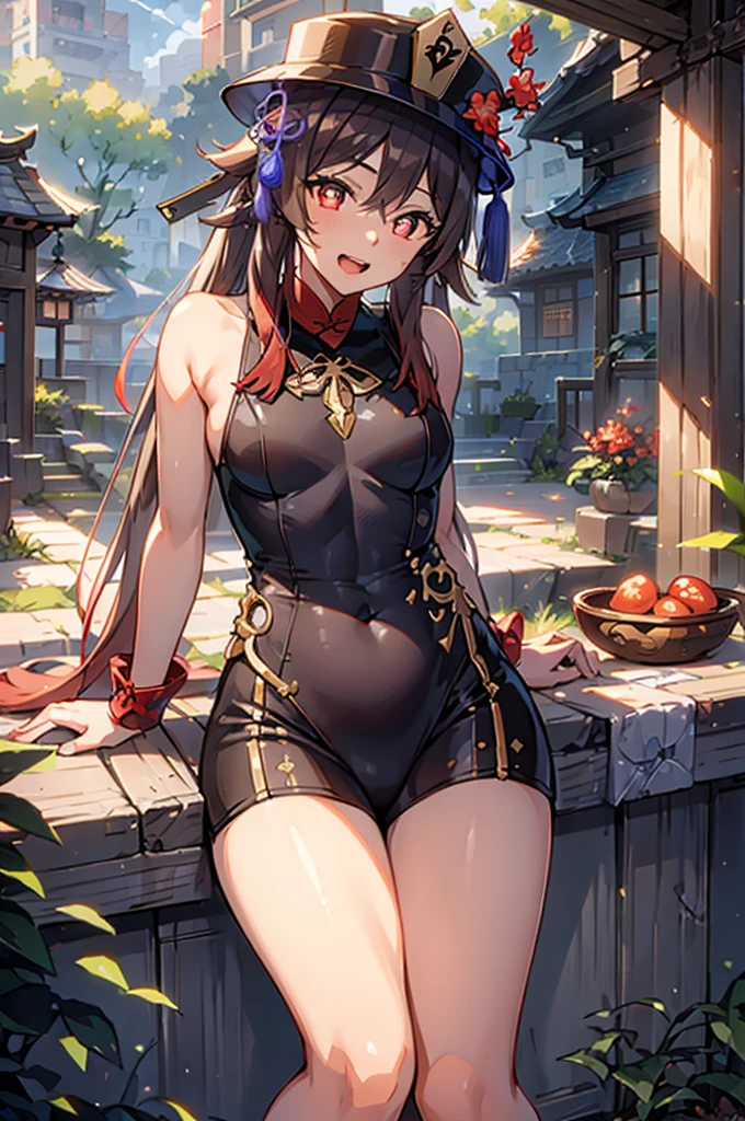 ((highly detailed)), Genshin Impact, ((Hu Tao)), Perfect human hand,(Small breasts:1.1),relaxed poses, ((fit female)) , Super perfect body curve, masterpiece, 4K, detailed, Perfect face, (20 years old) Enthusiastic body language, Fit the figure, gorgeous Perfect face, Happy expression, open mouth, realistic style and super detailed renderings, Surrealism, Surrealism油画, Contour shading - ((Full body portrait)), Sitting on a rock in the city , Hands on thighs,Plump buttocks
