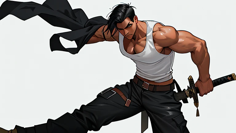 Tall, muscular man with black hair wearing a white tank top, military pants and a leather boot, as well as wielding a medieval sword with dark powers
