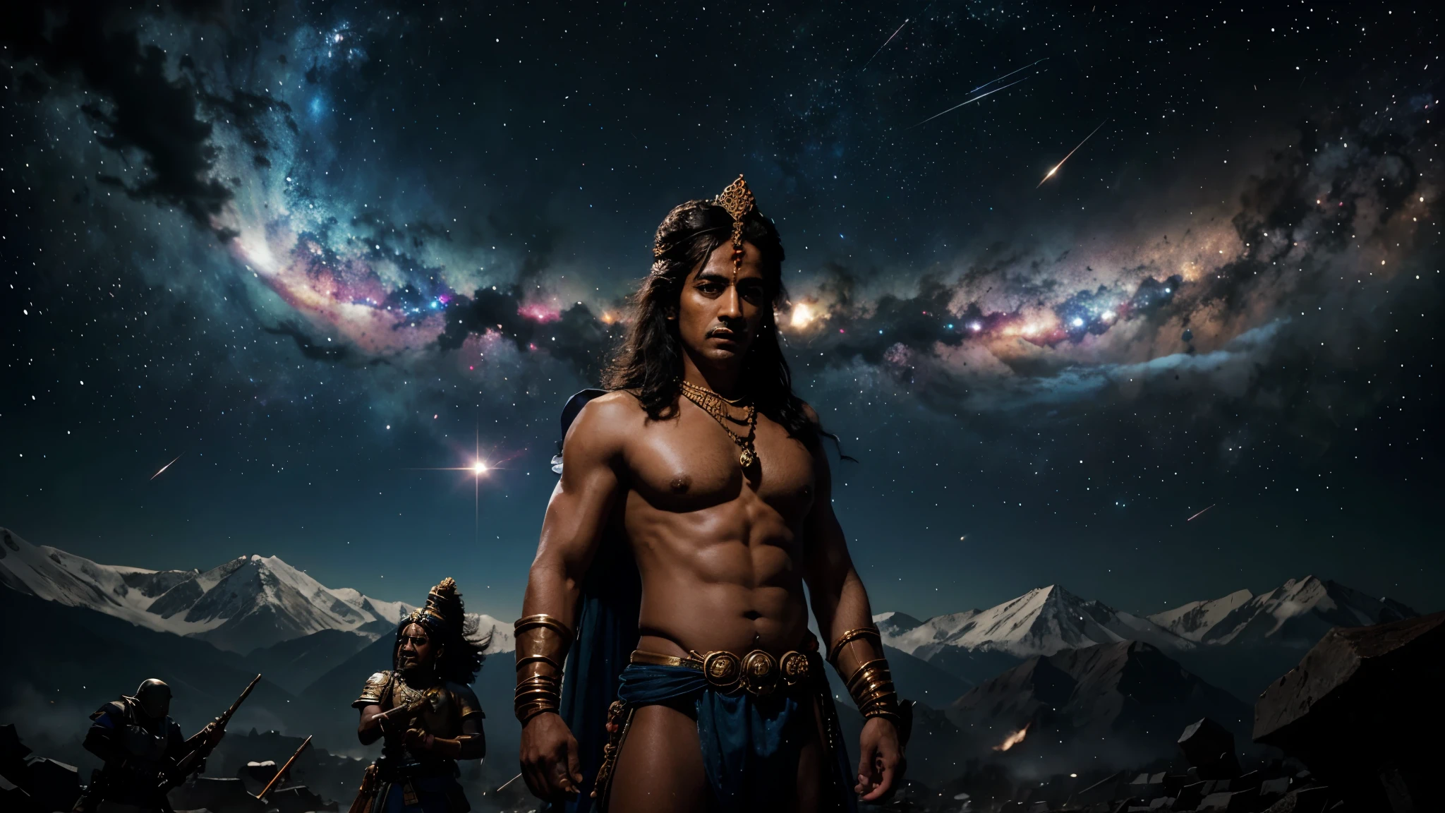 Lord krishna looking masculine in a war surrounded by his followers and sky having galaxies a nebula and other details