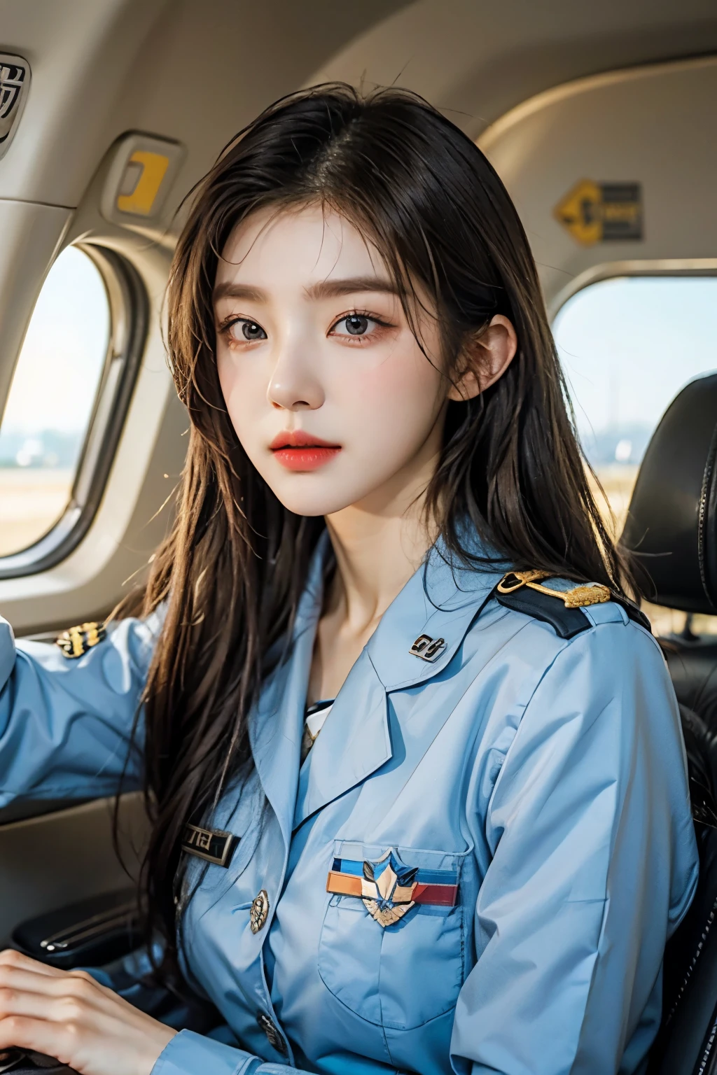 사진을 위해 jet 앞에 서서 포즈를 취하는 Air Force Uniform을 입은 여성, korean beauty,  Air Force Uniform, salute posture, Put it in one hand pocket, pilot, high speed airplane, light aircraft, jet,