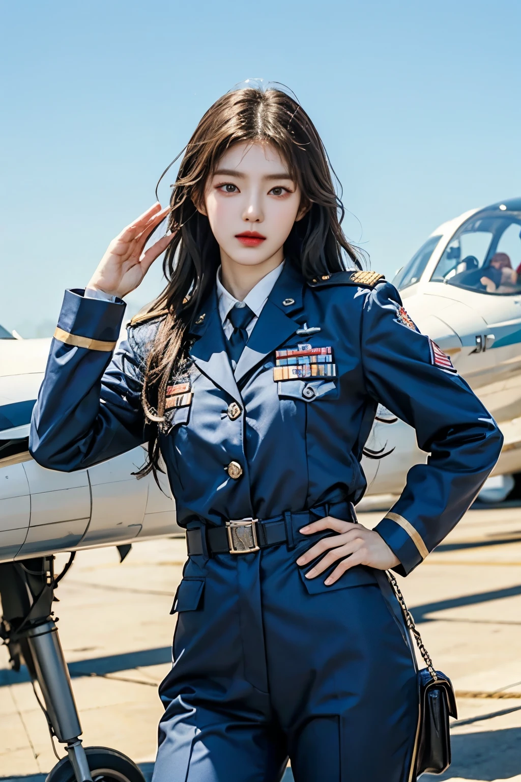 사진을 위해 jet 앞에 서서 포즈를 취하는 Air Force Uniform을 입은 여성, korean beauty, Air Force Uniform, salute posture, Put it in one hand pocket, pilot, high speed airplane, light aircraft, jet,