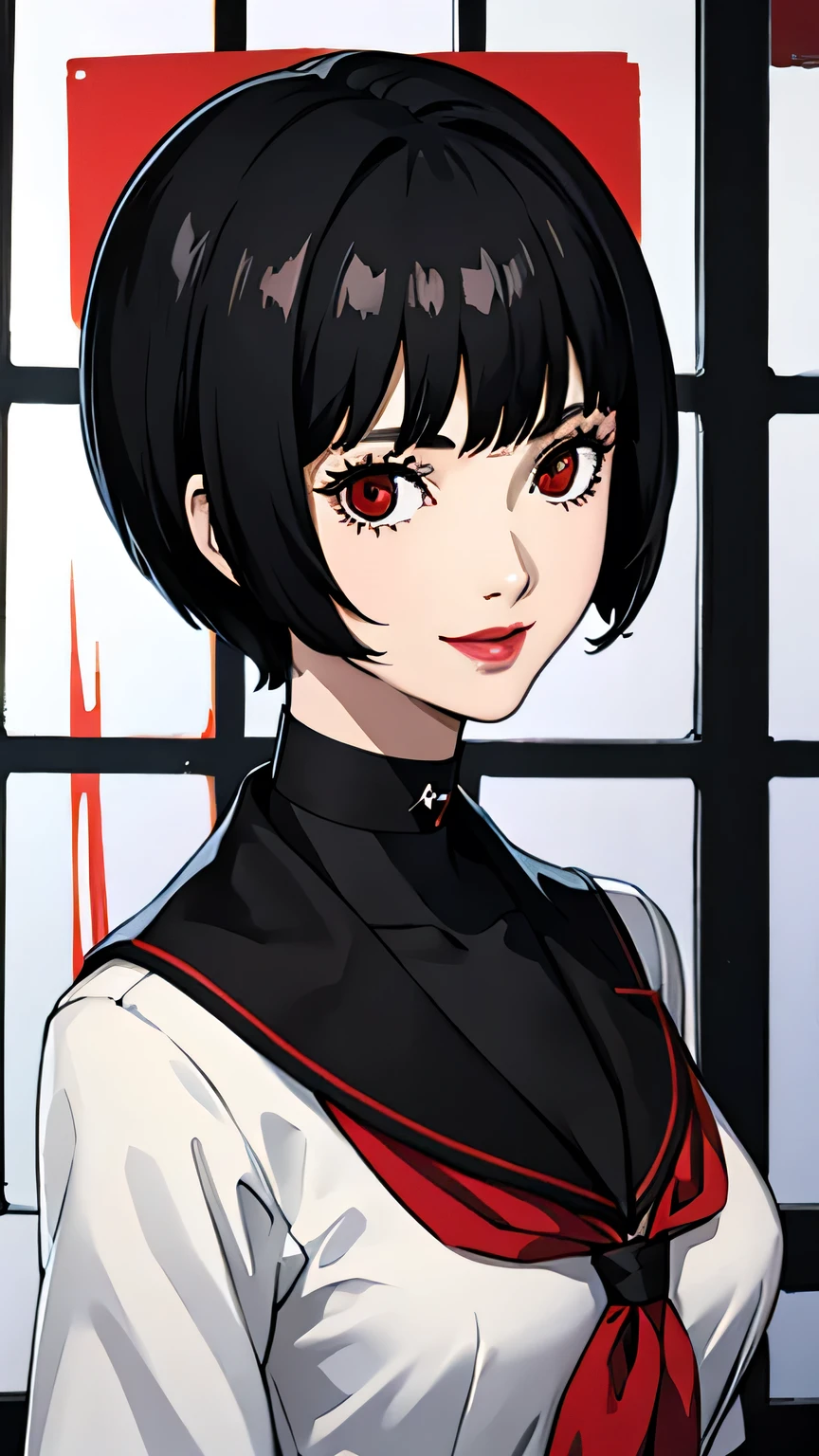 1 girl, Red eyes, very Short hair, black choker, lipstick, half body, smile, black hair, shool uniform