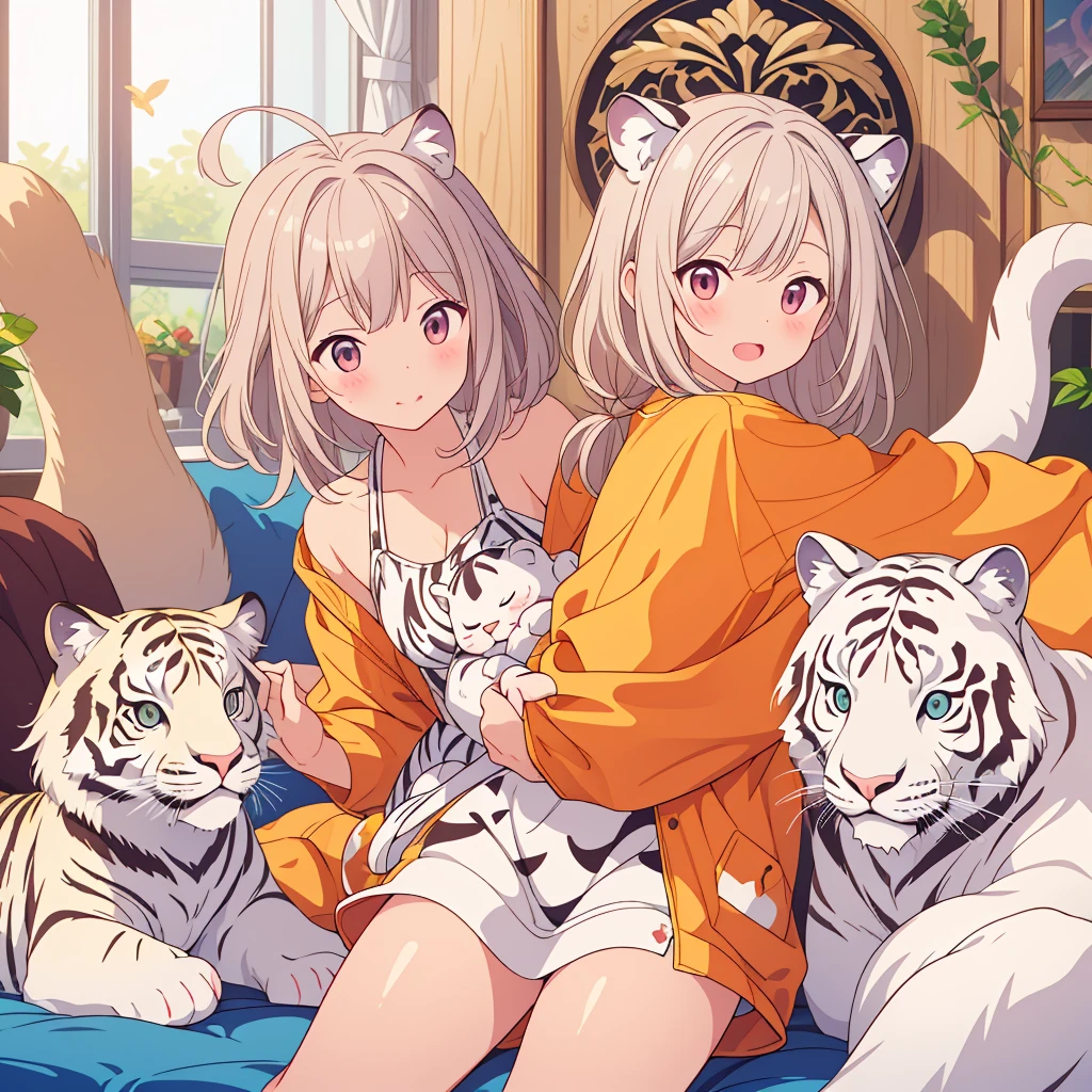 Little、highest quality、Masterpiece、Official Art、The best composition、A cute, fluffy white tiger in the pocket of a beautiful girl wearing a tiger-patterned one-piece dress, one of the four gods.、