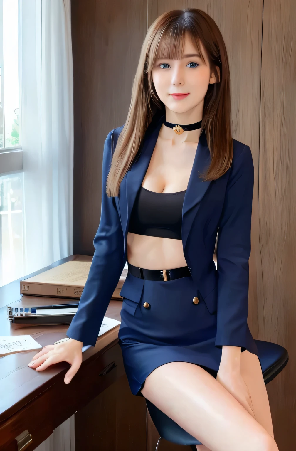masterpiece, 1 mature woman per photo, Front view, Cute Japanese Secretary, Very cute face, Glossy Lips, Double eyelids on both eyes, Natural Makeup, (Brown Hair , Long Bob Hair), Asymmetrical bangs, High resolution, Attention to detail, Detailed hairstyle, Detailed face, Cinema Lighting, Octane Rendering, Ultra-realistic, Perfect limbs, Perfect Anatomy, ((Black choker:1.2)), blue eyes, Big Breasts, ((The body is slim:1.5)), Cool Beauty, Slim face, smile, Fantasy World, ((Straight Long Hair)), Wooden wall, Wooden desk, Wooden chair, Big Breasts, (uniform, Navy blue blazer), document, coin, book, Quill pen, Sitting