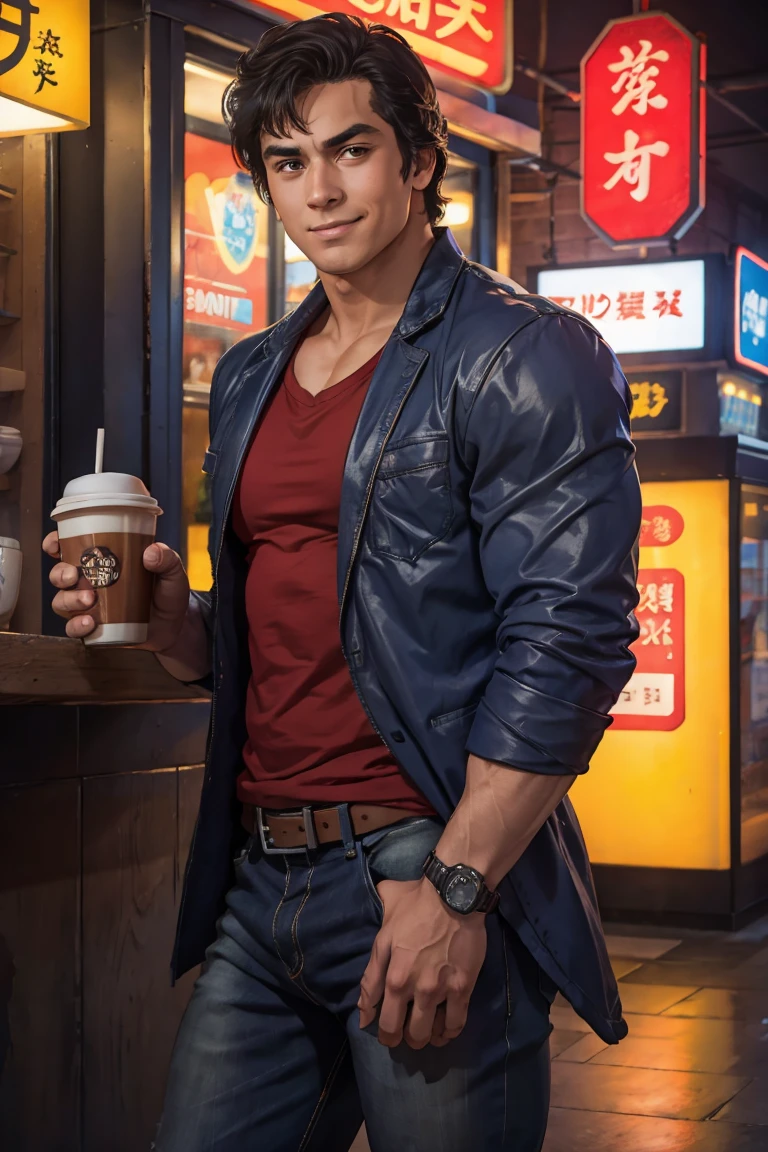 (saeba ryo city hunter ) blue suit jacket Red t-shirt, jeans, lewd smile, standing in front of a coffee shop. 