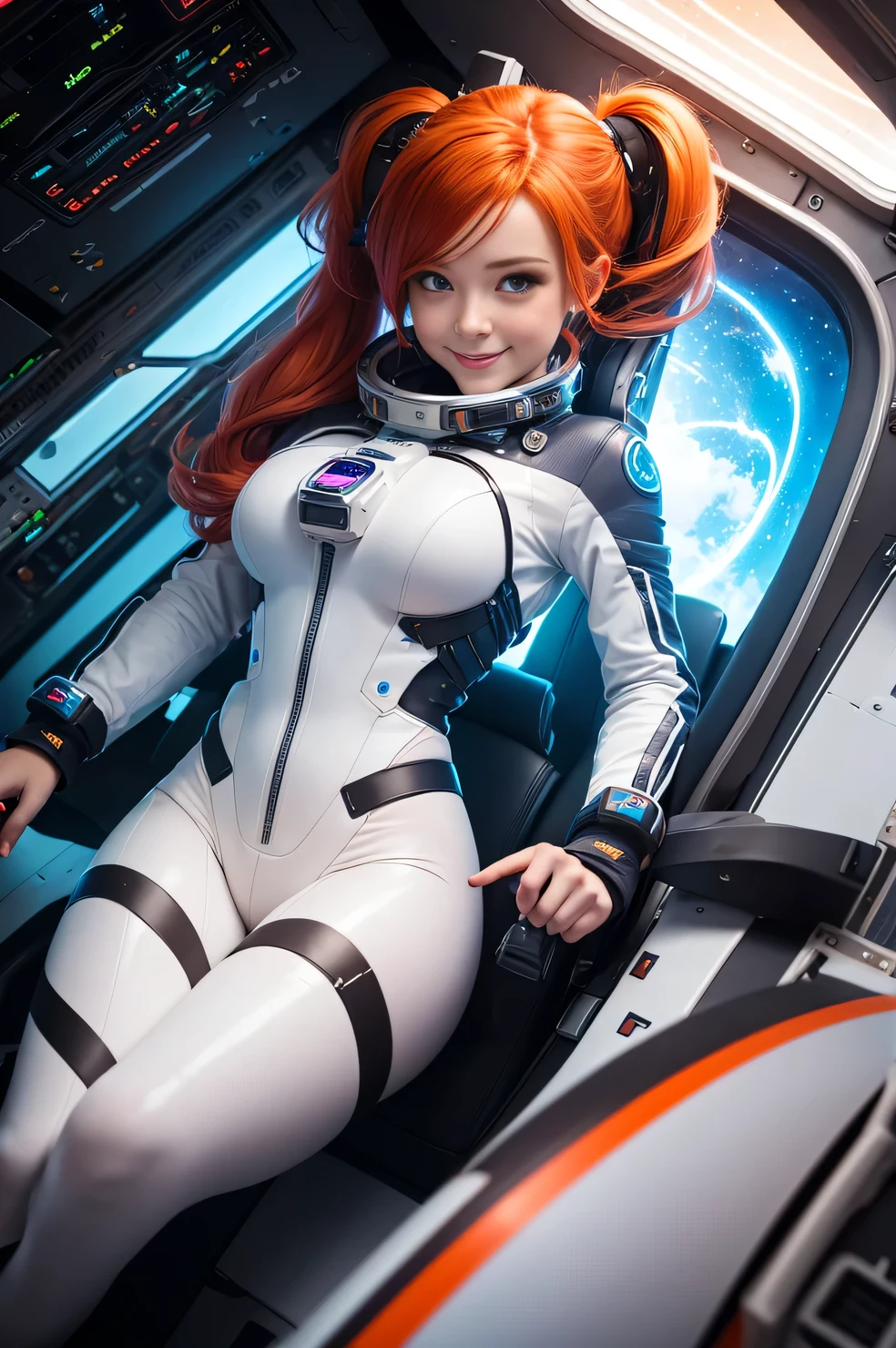 (overhead view) Cute redhead with rainbow colored hair tips, ribbons in her hair, 18-year-old woman, happy, smiling, in twin tails, perfect eyes, clear sparkling blue eyes, pale skin, silky smooth skin, flying a fancy metal luxurious space ship, futuristic cockpit, she's a pilot, outer space seen in windows, dark warm lighting, futuristic astronaut suit, anatomically correct, , thin, bare bottom, open legs, Best quality, high detailed, Masterpiece, Cinematic Lighting, 4K, wet and see-through.
