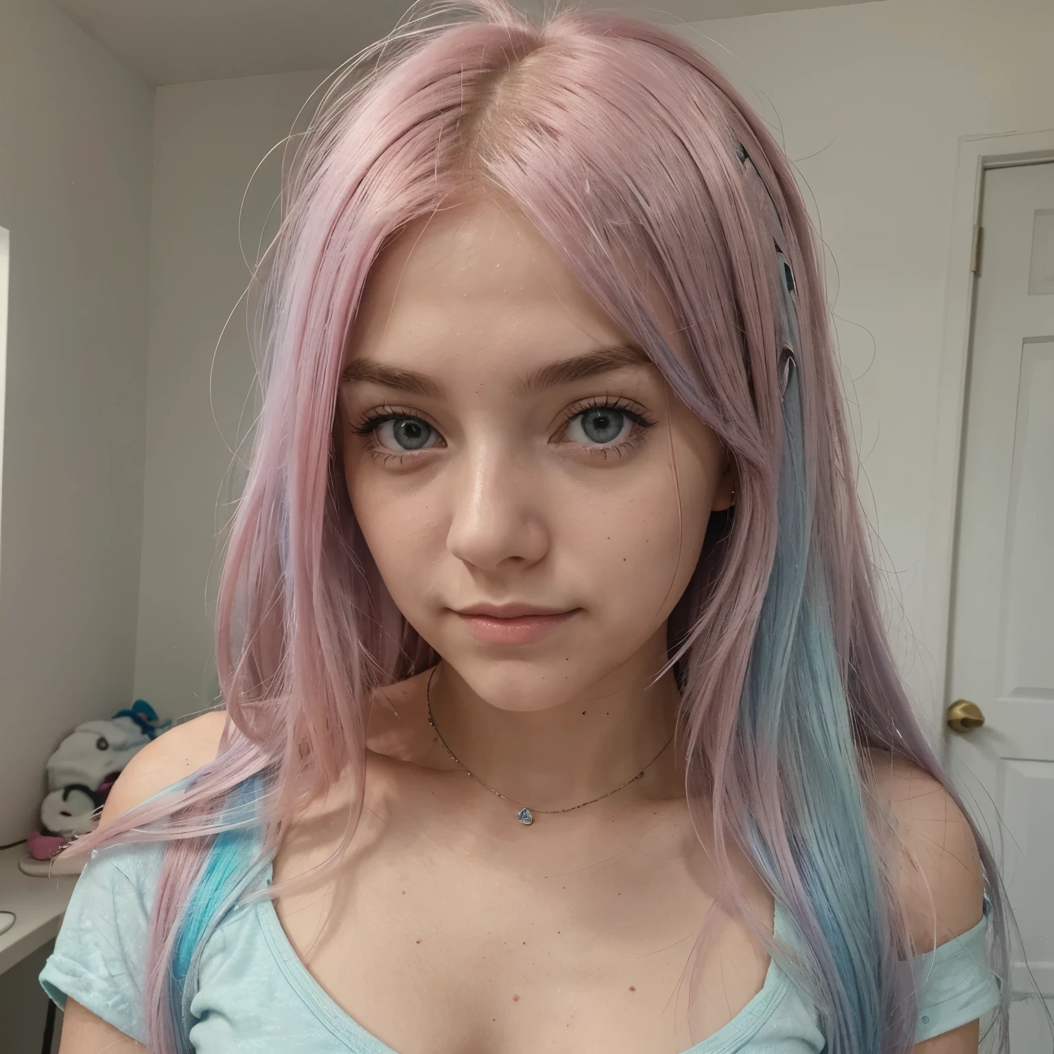 Create a girl of approximately 17 years old with long hair that reaches her thighs, pink hair color with a light blue finish., sus ojos azules y en su mejilla derecha que tenga una mini estrella color verde