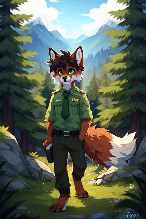 solo,full body,Male,fox,green eyes,brown hands,park ranger,trousers,outdoor,park ranger green tie,((Campaign Cover)),Evergreen pine forest and mountains national park in the background,park ranger jeep,Environmental protection area, ((by keihound, by reysi)), by Zackary911, by hyattlen, by fumiko, by fluff-kevlar, Furry, Anthro,