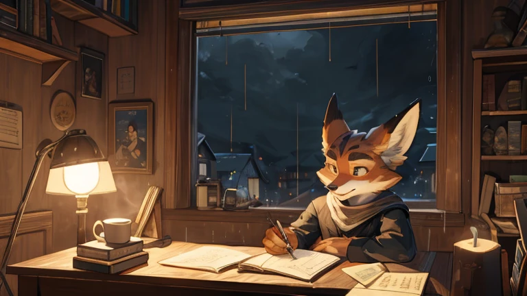 In a lamplit corner with a steaming cup of coffee on a wobbly desk., a vulpera with headphones in front of his computer with green fur sits in front of a pile of books and papers, On the right side of the room there is a window where you can see that it is raining.. Con gafas de montura gruesa deslizadas hasta el final de su nariz, the vulpera studies with concentration, while a cup of steaming tea rests next to a worn pencil. in the room, the dim light of the lamp barely illuminates the shelves full of dusty books, creating a cozy but melancholic atmosphere. El vulpera, with an expression of determination on his face, seems immersed in his academic task, ajeno al mundo que lo rodea.