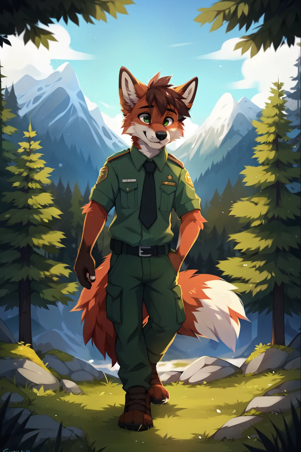 solo，full body，Male，fox，green eyes，brown hands，park ranger，trousers，outdoor，park ranger green tie，((Campaign Cover))，Evergreen pine forest and mountains national park in the background，park ranger jeep，Environmental protection area, ((by keihound, by reysi)), by Zackary911, by hyattlen, by fumiko, by fluff-kevlar, Furry, Anthro,