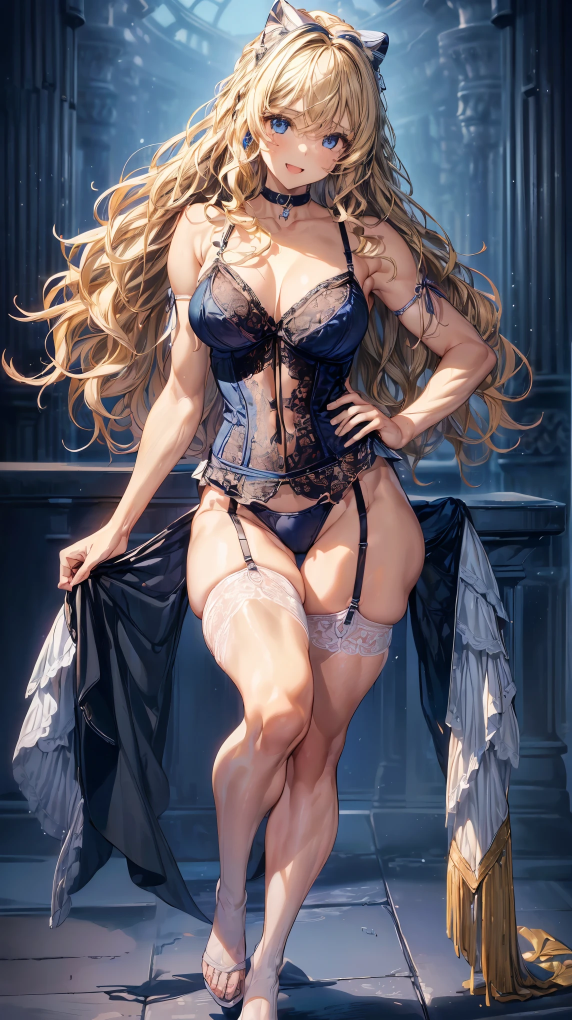 (Adult women:1.5)、Very detailed、highest quality、Best image quality、masterpiece、8k、Anime Face、A kind smile、(Open your mouth:1.3)、Sparkling blue eyes、(Blonde Wavy Hair:1.5)、、Muscles of the whole body、(High leg:1.5)、Thigh belt、(Wearing lingerie:1.5)、(Cowboy Shot:1.5)、SFW Giant