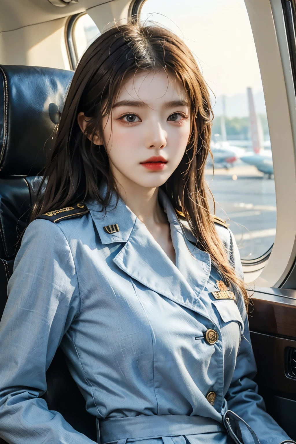 사진을 위해 jet 앞에 서서 포즈를 취하는 Air Force Uniform을 입은 여성, korean beauty, Air Force Uniform, salute posture, Put it in one hand pocket, pilot, high speed airplane, light aircraft, jet,