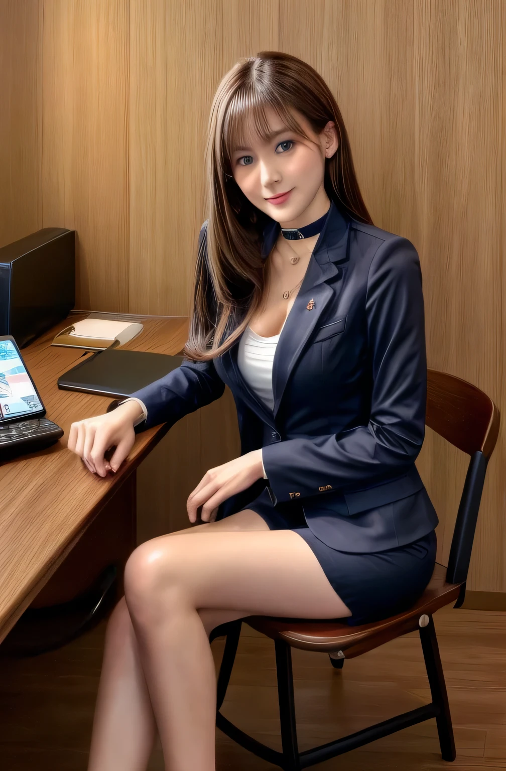 masterpiece, 1 mature woman per photo, Front view, Cute Japanese Secretary, Very cute face, Glossy Lips, Double eyelids on both eyes, Natural Makeup, (Brown Hair , Long Bob Hair), Asymmetrical bangs, High resolution, Attention to detail, Detailed hairstyle, Detailed face, Cinema Lighting, Octane Rendering, Ultra-realistic, Perfect limbs, Perfect Anatomy, ((Black choker:1.2)), blue eyes, Big Breasts, ((The body is slim:1.5)), Cool Beauty, Slim face, smile, Fantasy World, ((Straight Long Hair)), Wooden wall, Wooden desk, Wooden chair, Big Breasts, (uniform, Navy blue blazer), document, coin, book, Quill pen, Sitting