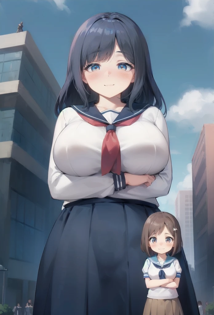 (height difference: 2), (size difference: 1.7), (outside), (a miniature woman in front of a giantess), (2girls: 1.4), (woman), (breast envy: 1.1), (looking at another: 1.2), (looking down at her: 1.3), serafuku, (miniature woman under the breasts of a giantess), (tall cute mature girl: 1.3)