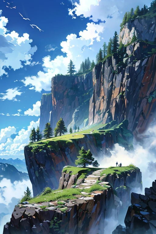 A rock band playing their instruments amidst the wilderness, detailed clouds and terrain