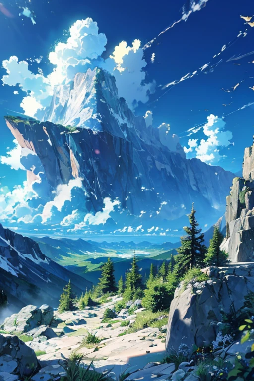 A rock band playing their instruments amidst the wilderness, detailed clouds and terrain