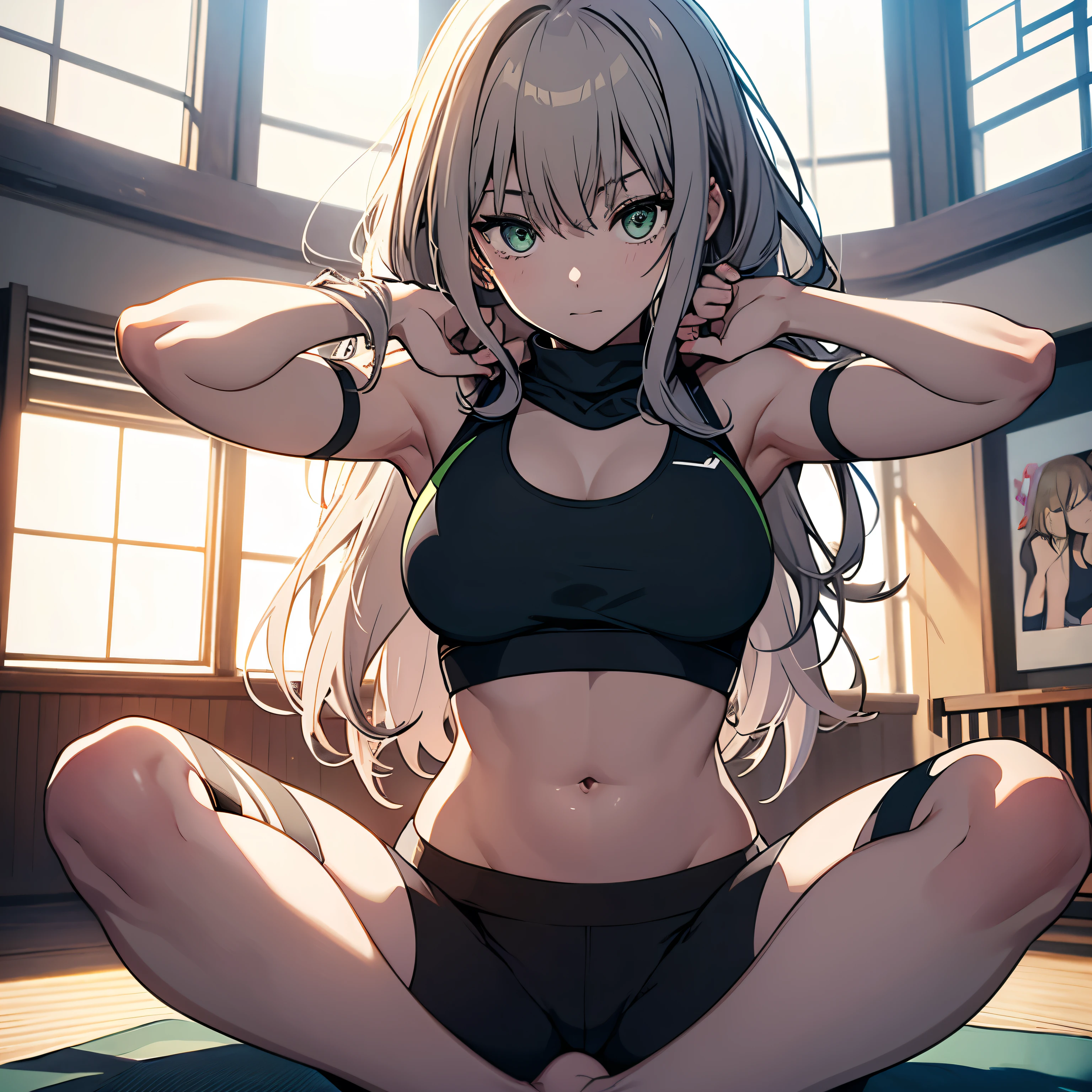 (Very detailed CG Unity 8k wallpaper)、(masterpiece)、(highest quality)、(Very detailed)、(Best illustrations)、(Best Shadow)、alone、One Girl、Green Eyes、Big Eyes、((Show your side))、((Put your palms together))、((Raise your arms))、((whole body))、((Yoga poses))、side、Leg spread、Sports Bra、Relaxing lighting、Bright colors、Natural light、side sweat、180°Leg spread