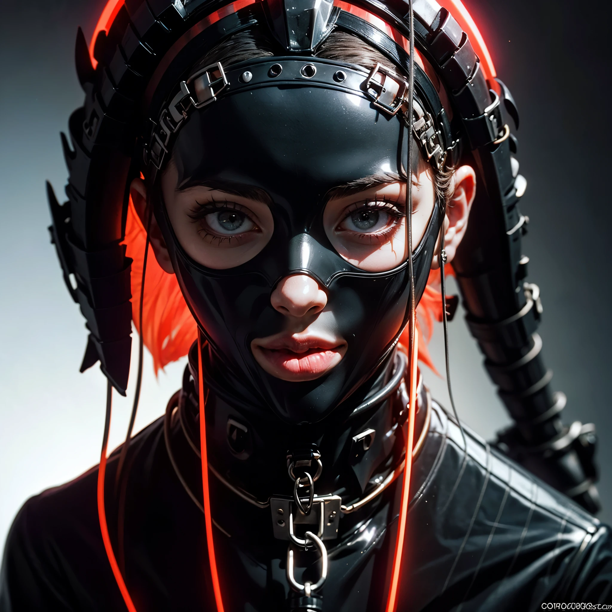 a very beautiful and very thin girl, wears black underwear with tights and latex face mask. Dark room with only red neon lighting. Viele Details, extremely realistic. good quality, 8k