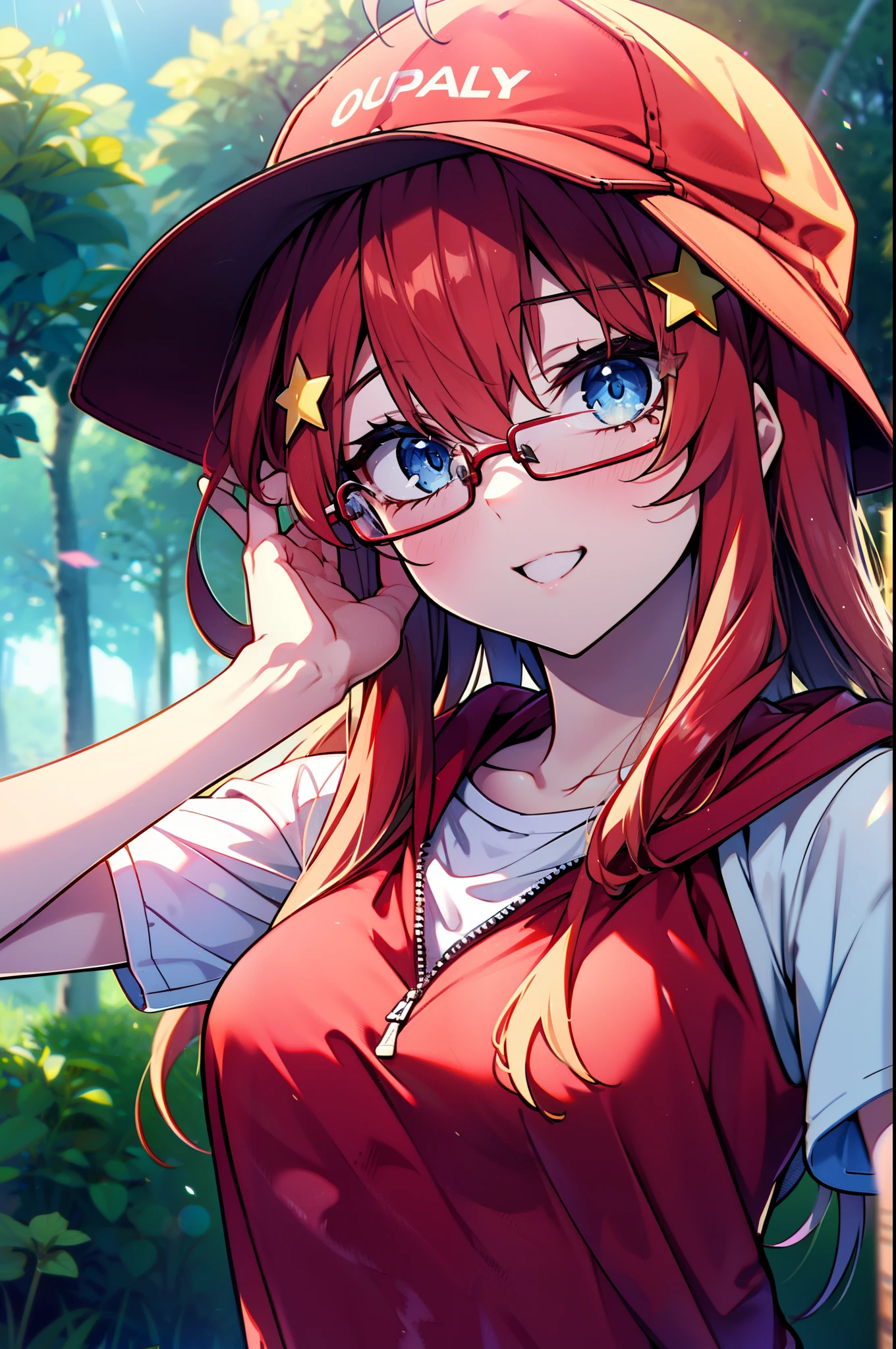 itsukinakano, Itsuki Nakano, bangs, blue eyes, Hair between the eyes, Ahoge, Redhead, star \(symbol\), hair ornaments, star hair ornaments,Akagi glasses, tooth, smile, Open your mouth,Red hoodie,Short sleeve,Baseball cap,Food Up,Red Tank Top Shirt,Short denim,Red Knee High Socks,High Top Sneakers,Daytime,sunny,Real Summer,barbecue,tent,
break looking at viewer, Upper Body, whole body,(Cowboy Shot:1. 5)
break outdoors, forest, nature,camp site,
break (masterpiece:1.2), highest quality, High resolution, unity 8k wallpaper, (shape:0.8), (Beautiful details:1.6), Highly detailed face, Perfect lighting, Extremely detailed CG, (Perfect hands, Perfect Anatomy),