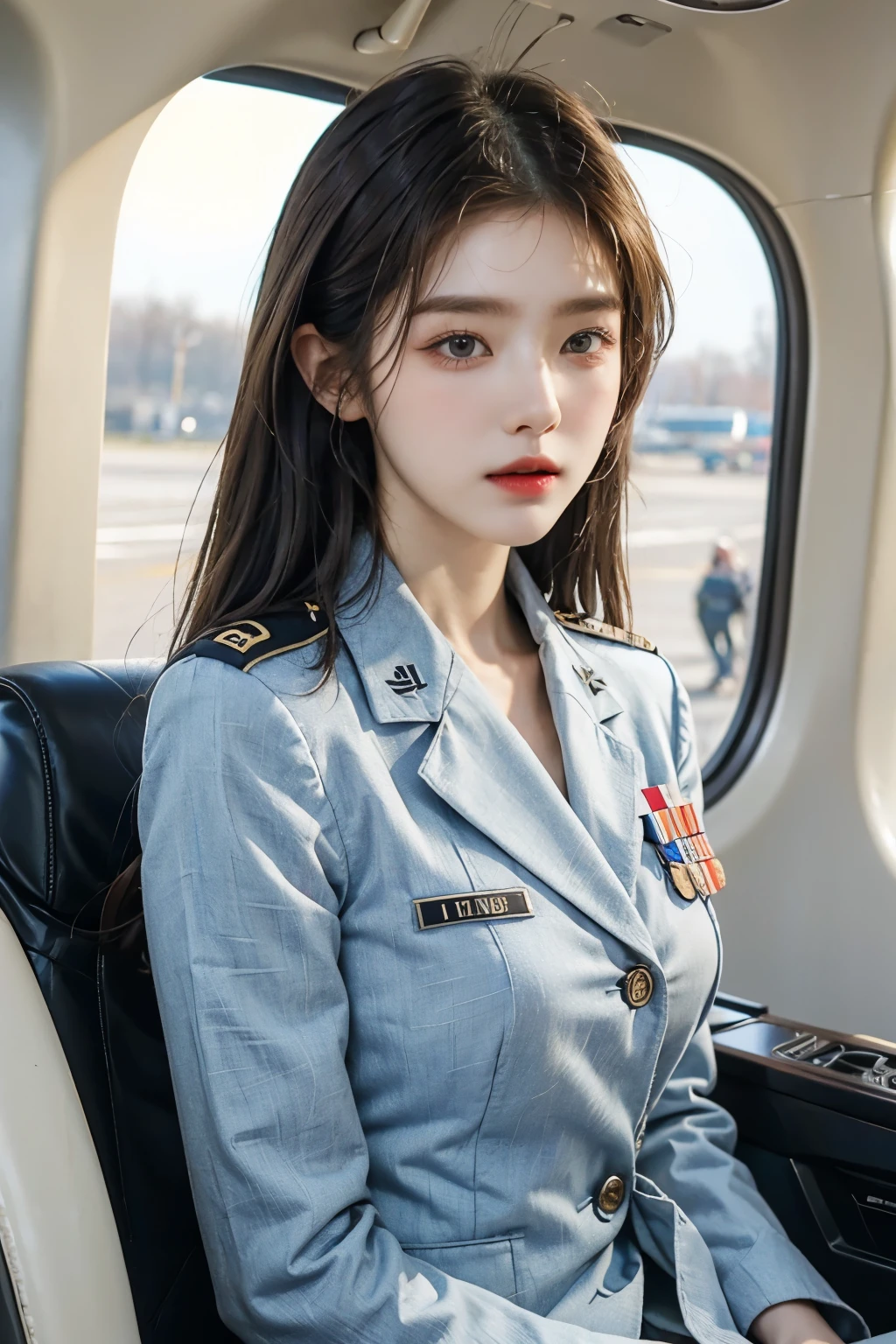 사진을 위해 jet 앞에 서서 포즈를 취하는 Air Force Uniform을 입은 여성, korean beauty,  Air Force Uniform, salute posture, Put it in one hand pocket, pilot, high speed airplane, light aircraft, jet,