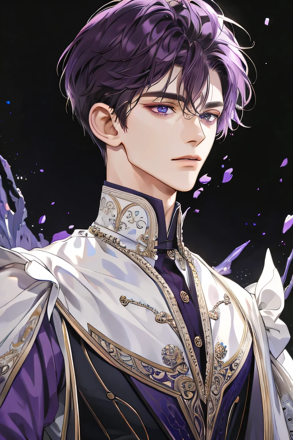 (extreamly delicate and beautiful:1.2), 8K,(masterpiece:1.0),(best_quality:1.0), 1boy, and intricate detailing, Enlarged textures, and intricate detailing, finely ekspressive eye and detailed face, and intricate detailing, shiraga, dark purple short curl hair, (closed mouths), Perfect eyes, Equal eyes, purple eyes (A male god) with clothes fantasy medieval, gentleman, rich,
