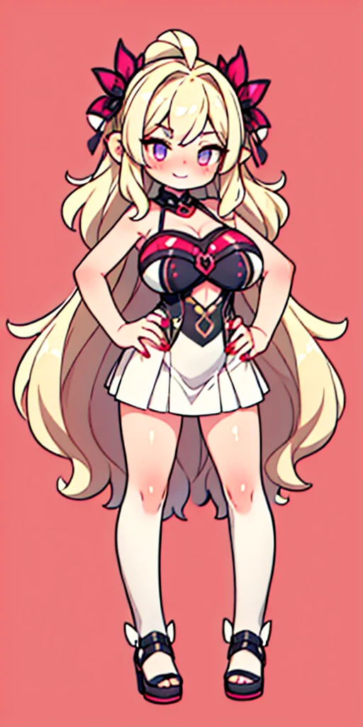 (plain background) (chest covered)(smile) gray skin, pale golden hair and violet eyes, huge knockers, full body standing symmetrical lustful smirking smile face red blush, pink painted nails, 1 girl full body standing straight symmetrical lustful smirking smile face red blushed, red cheeks, hands on hips