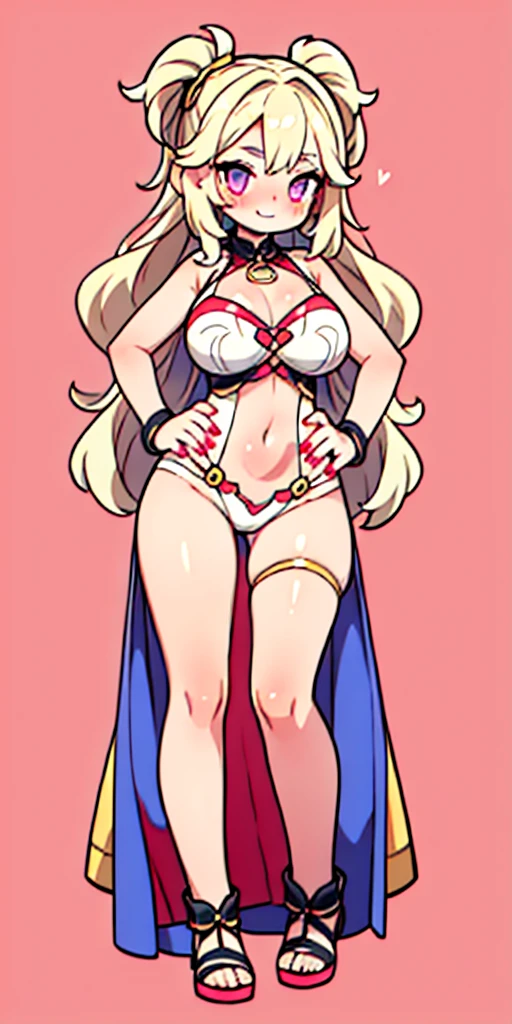 (plain background) (chest covered)(smile) gray skin, pale golden hair and violet eyes, huge knockers, full body standing symmetrical lustful smirking smile face red blush, pink painted nails, 1 girl full body standing straight symmetrical lustful smirking smile face red blushed, red cheeks, hands on hips