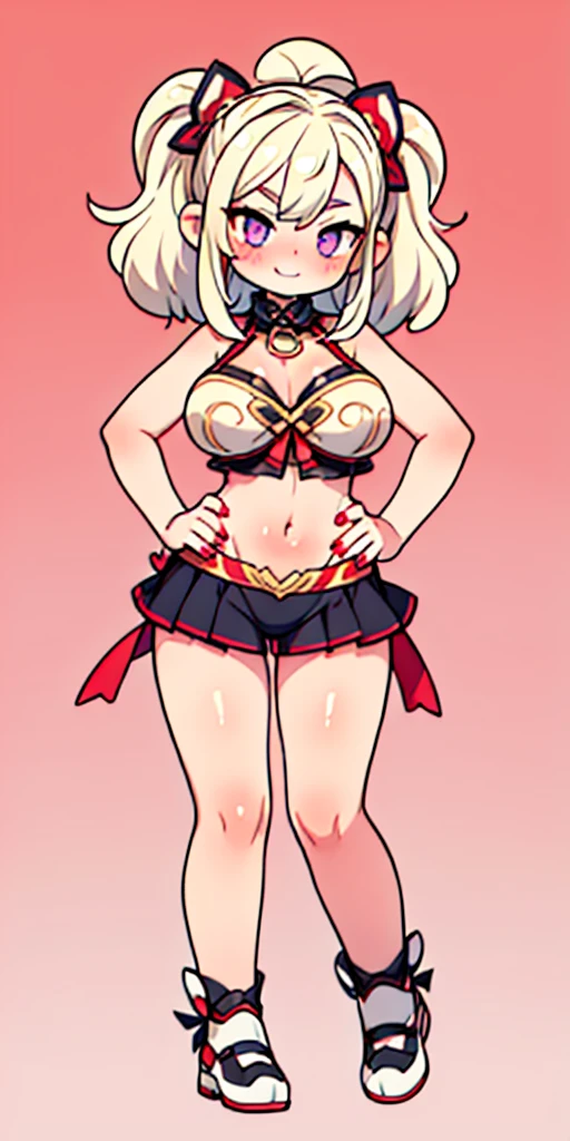 (plain background) (chest covered)(smile) gray skin, pale golden hair and violet eyes, huge knockers, full body standing symmetrical lustful smirking smile face red blush, pink painted nails, 1 girl full body standing straight symmetrical lustful smirking smile face red blushed, red cheeks, hands on hips