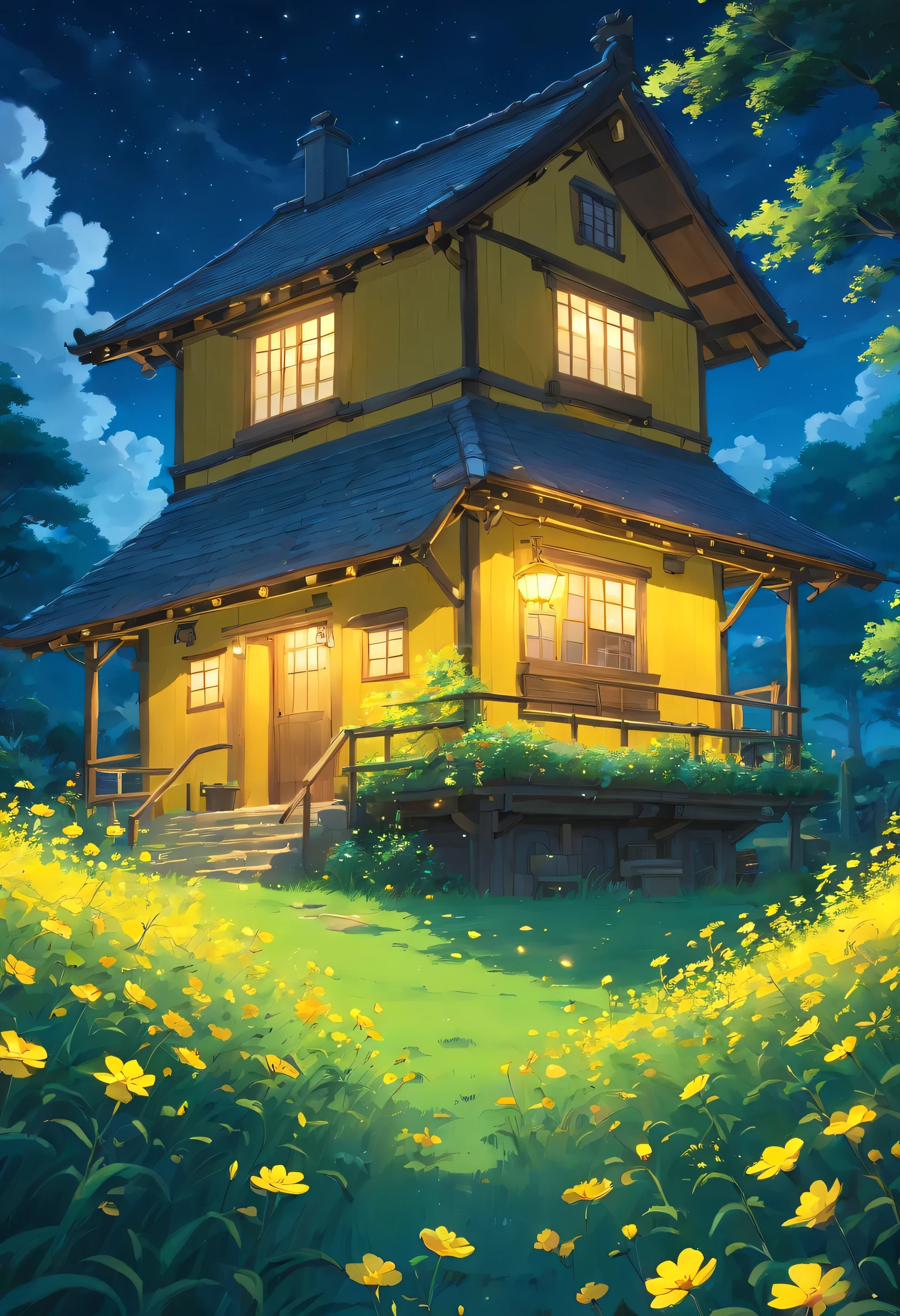 (best quality, high resolution, ultra-detailed, vibrant, night, gentle breeze, summer. Wide, lush meadow filled with yellow flowers. A wooden house nestled in the middle of the grassy field. A flock of fireflies