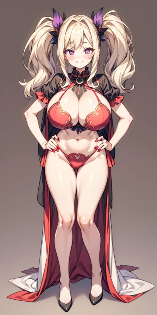 (plain background) (chest covered)(smile) gray skin, pale golden hair and violet eyes, huge knockers, full body standing symmetrical lustful smirking smile face red blush, pink painted nails, 1 girl full body standing straight symmetrical lustful smirking smile face red blushed, red cheeks, hands on hips