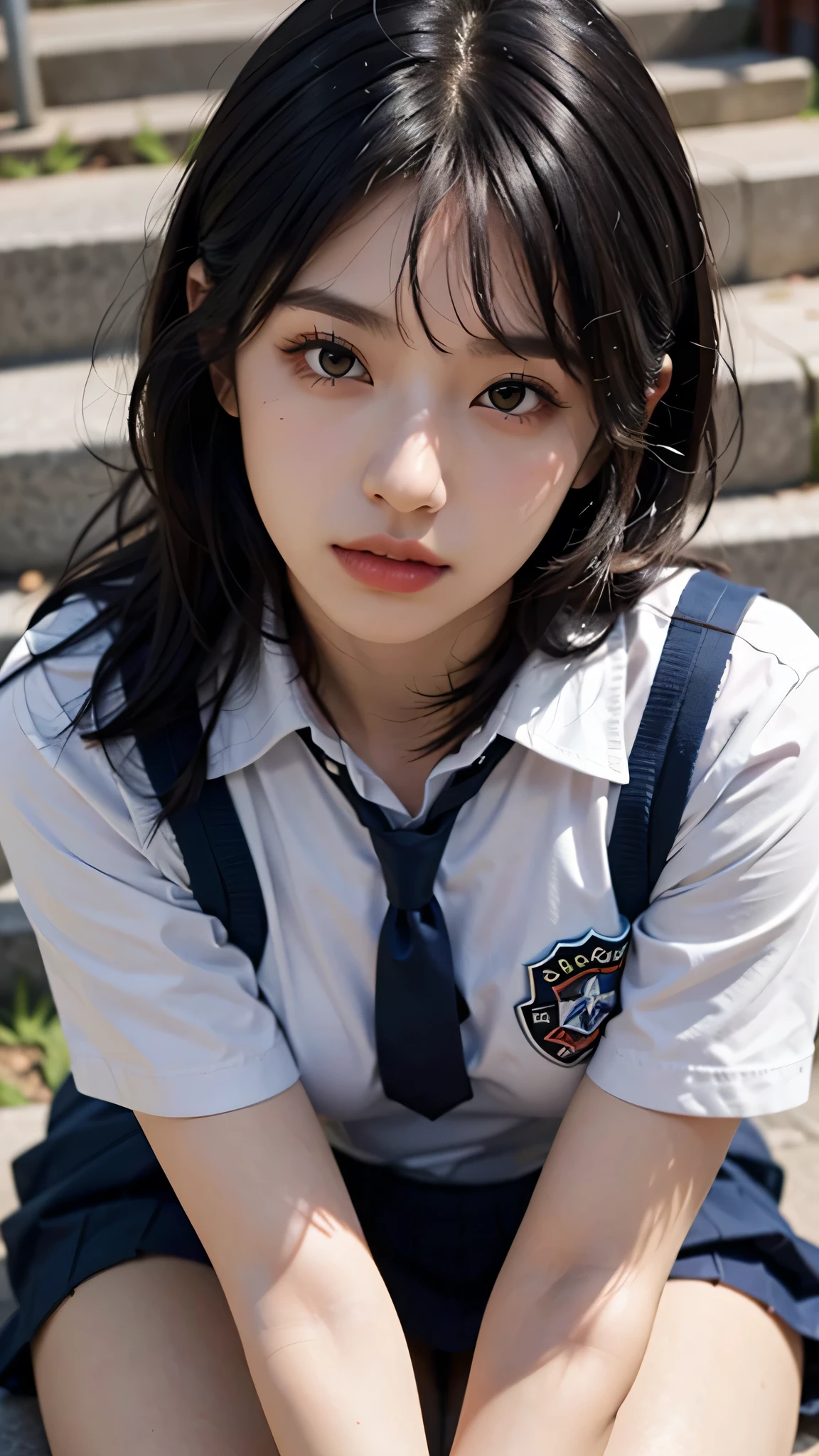 ((Idol-level girls)), master-piece, best picture quality, ultra-detail, (School Clothing+perfectbody:1.3), (perfect face+lens+disheveled hair+They have short black hair.), Close-up of, Audience view, She bent down and bent down to meet the eyes of the audience.。