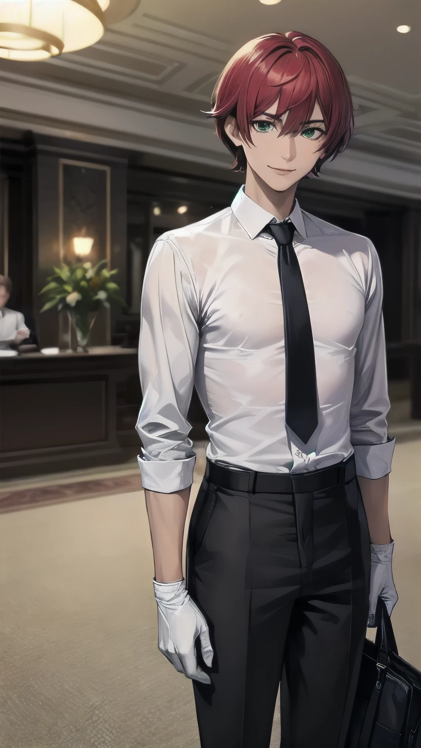 (masterpiece), ((sfw)), best quality, expressive eyes, perfect face, mature male, (1boy, adult Man, young adult, handsome man), solo, red hair BREAK bob cut, green eyes BREAK (tanned skin, tanned male), formal outfit, black outfit, necktie, white gloves BREAK standing, smile, fancy lobby, indoors, closed mouth, smile, male focus, looking_at_viewer, indoors, ((fancy hotel, lobby)) ,
