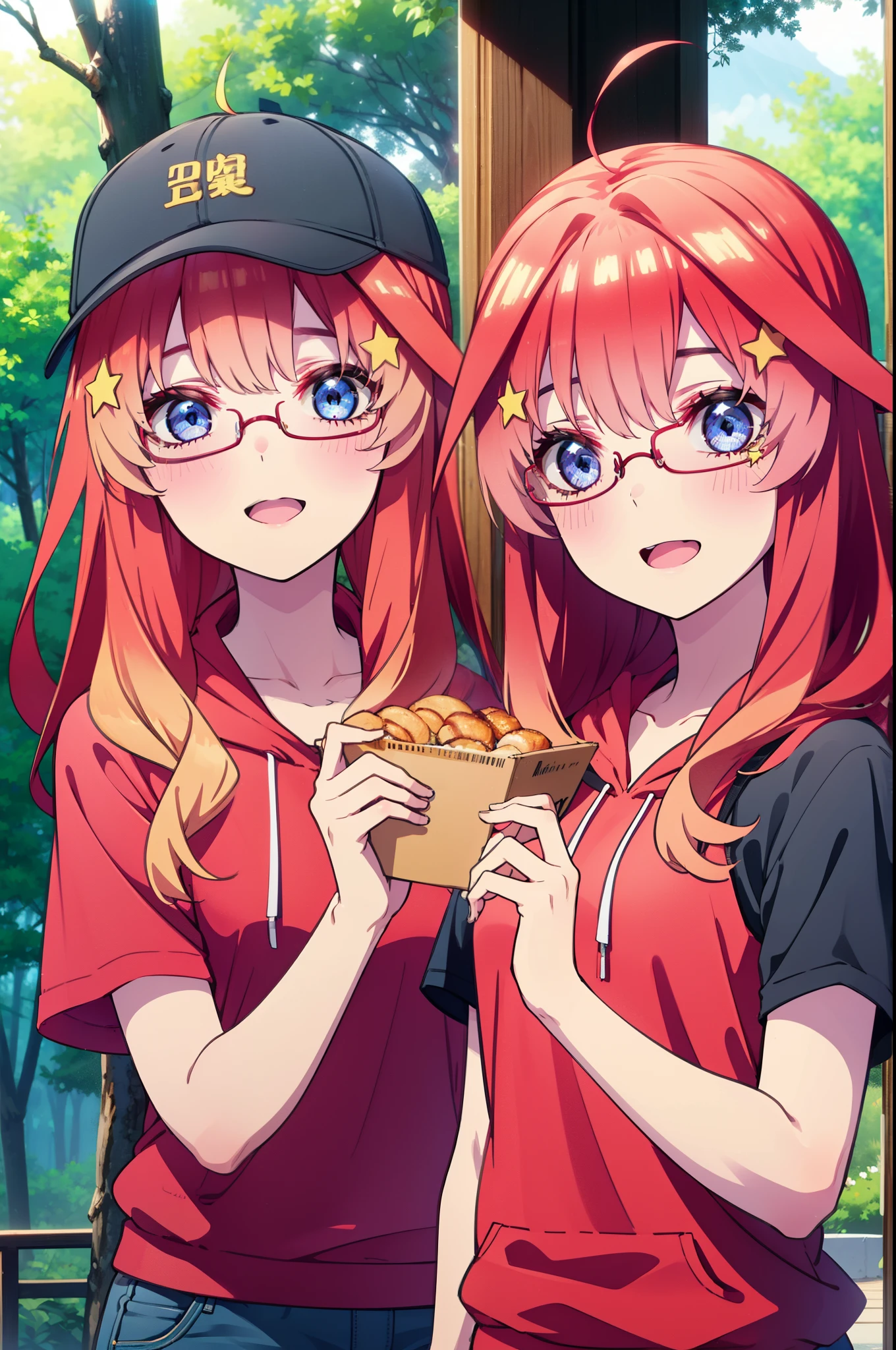itsukinakano, Itsuki Nakano, bangs, blue eyes, Hair between the eyes, Ahoge, Redhead, star \(symbol\), hair ornaments, star hair ornaments,Akagi glasses, tooth, smile, Open your mouth,ponytail,Red hoodie,Short sleeve,Baseball cap,Food Up,Red Tank Top Shirt,Short denim,Red Knee High Socks,High Top Sneakers,Daytime,sunny,Real Summer,barbecue,tent,
break looking at viewer, Upper Body, whole body,(Cowboy Shot:1. 5)
break outdoors, forest, nature,camp site,
break (masterpiece:1.2), highest quality, High resolution, unity 8k wallpaper, (shape:0.8), (Beautiful details:1.6), Highly detailed face, Perfect lighting, Extremely detailed CG, (Perfect hands, Perfect Anatomy),