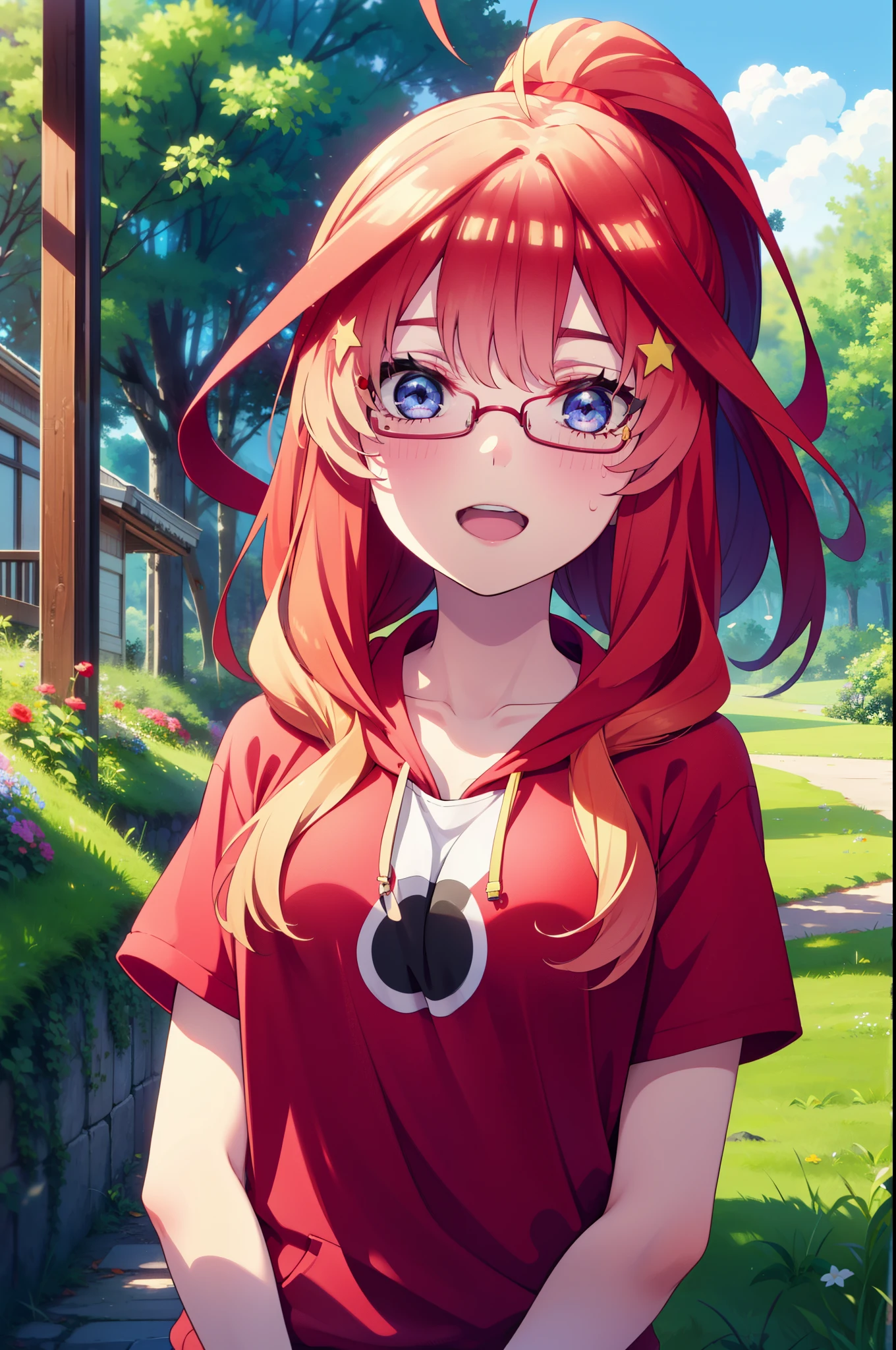 itsukinakano, Itsuki Nakano, bangs, blue eyes, Hair between the eyes, Ahoge, Redhead, star \(symbol\), hair ornaments, star hair ornaments,Akagi glasses, tooth, smile, Open your mouth,ponytail,Red hoodie,Short sleeve,Baseball cap,Food Up,Red Tank Top Shirt,Short denim,Red Knee High Socks,High Top Sneakers,Daytime,sunny,Real Summer,barbecue,tent,
break looking at viewer, Upper Body, whole body,(Cowboy Shot:1. 5)
break outdoors, forest, nature,camp site,
break (masterpiece:1.2), highest quality, High resolution, unity 8k wallpaper, (shape:0.8), (Beautiful details:1.6), Highly detailed face, Perfect lighting, Extremely detailed CG, (Perfect hands, Perfect Anatomy),