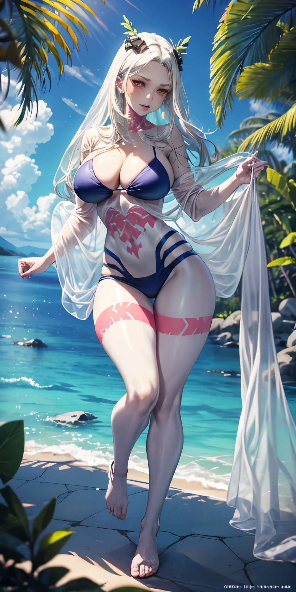 1girl full body barefoot ((MILF)) ((dark skin)) white hair, slingshot bikini, unrealistically large extremely large breasts (huge) (large badonkers) ((((neck decor)))) ((((translucent bikini)))) ((nsfw)) ((((translucent)))) ((((see-through)))) (((see-through clothing))), (((((tropical setting))))) make her a sexy, dynamic, ultra high def, 32k, (perfect anatomy:1.5) perfect legs, in the style of Artgerm and Adam Hughes, perfect arms