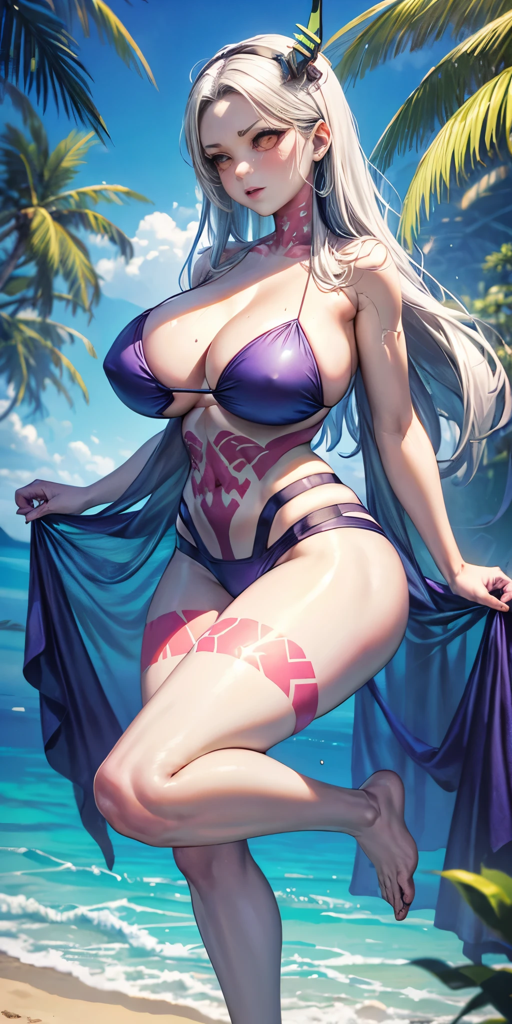 1girl full body barefoot ((MILF)) ((dark skin)) white hair, slingshot bikini, unrealistically large extremely large breasts (huge) (large badonkers) ((((neck decor)))) ((((translucent bikini)))) ((nsfw)) ((((translucent)))) ((((see-through)))) (((see-through clothing))), (((((tropical setting))))) make her a sexy, dynamic, ultra high def, 32k, (perfect anatomy:1.5) perfect legs, in the style of Artgerm and Adam Hughes, perfect arms