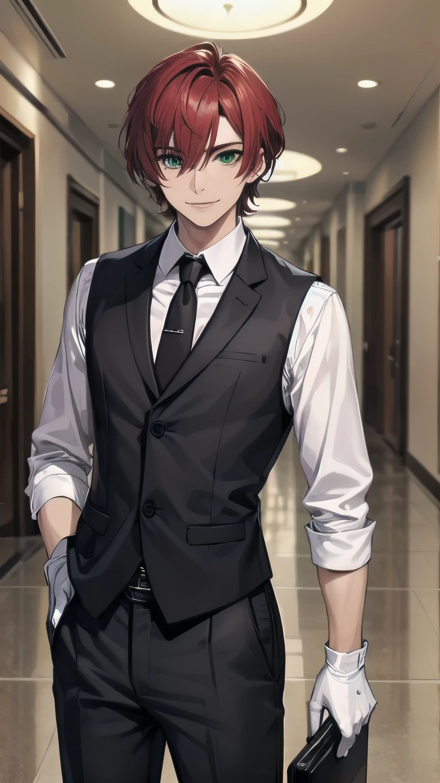 (masterpiece), ((sfw)), best quality, expressive eyes, perfect face, mature male, (1boy, adult Man, young adult, handsome man), solo, red hair BREAK bob cut, green eyes BREAK (tanned skin, tanned male), formal outfit, black outfit, necktie, white gloves BREAK standing, smile, fancy lobby, indoors, closed mouth, smile, male focus, looking_at_viewer, indoors, ((fancy hotel, lobby)) , 