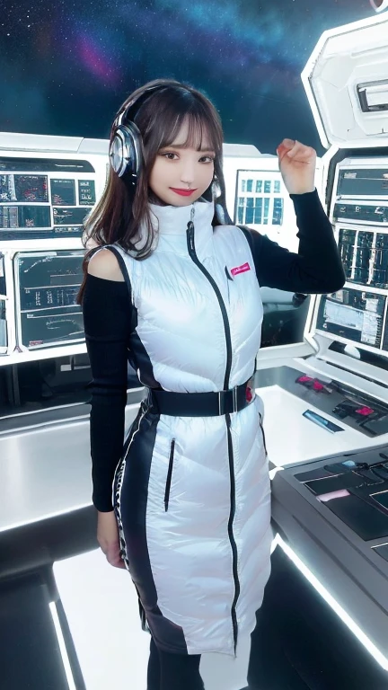masterpiece:1.4, masterpiece,best quality,1girl,BREAK (portrait shot):100,(lower body):100,BREAK one girl in ((20yr old)), instagrammer pose,idol girl, dynamic pose,(astrovest):2,floating:20,jumping:20,(white shiny downves):5,(white puffer vest):5,(black tights),(black long sleeves):2,black belt ,smartwatch,huge breast,wears a tight futuristic latex silver and black and white bodysuit,(white boots),astrovest, de pele branca,beautiful face ,smile,japanese girl,dark brown
hair,huge-breasted, long hair, Perfect model body, Blue eyes:1.4, Wearing headphones, Flirting, Happy, Looking out the window of the futuristic sci-fi space station,While admiring the beautiful galaxy:1.2, BREAK SF control room on night background:1.1, Neon and energetic atmosphere:1.2 ((Galaxy)) ,((Solo:1.6)),futuristic space station background,inside space craft,Futuristic room,neotech,JeeSoo