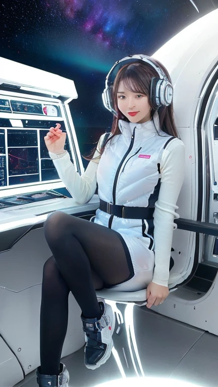 ​masterpiece:1.4, masterpiece,best quality,1girl,BREAK (portrait shot):100,(lower body):100,BREAK one girl in ((20yr old)), instagrammer pose,idol girl, dynamic pose,(astrovest):2,floating:20,jumping:20,(white shiny downves):5,(white puffer vest):5,(black tights),(black long sleeves):2,black belt ,smartwatch,huge breast,wears a tight futuristic latex silver and black and white bodysuit,(white boots),astrovest, de pele branca,beautiful face ,smile,japanese girl,dark brown 
hair,huge-breasted, long hair, Perfect model body, Blue eyes:1.4, Wearing headphones, Flirting, Happy,  Looking out the window of the futuristic sci-fi space station,While admiring the beautiful galaxy:1.2, BREAK SF control room on night background:1.1, Neon and energetic atmosphere:1.2 ((Galaxy)) ,((Solo:1.6)),futuristic space station background,inside space craft,Futuristic room,neotech,JeeSoo 