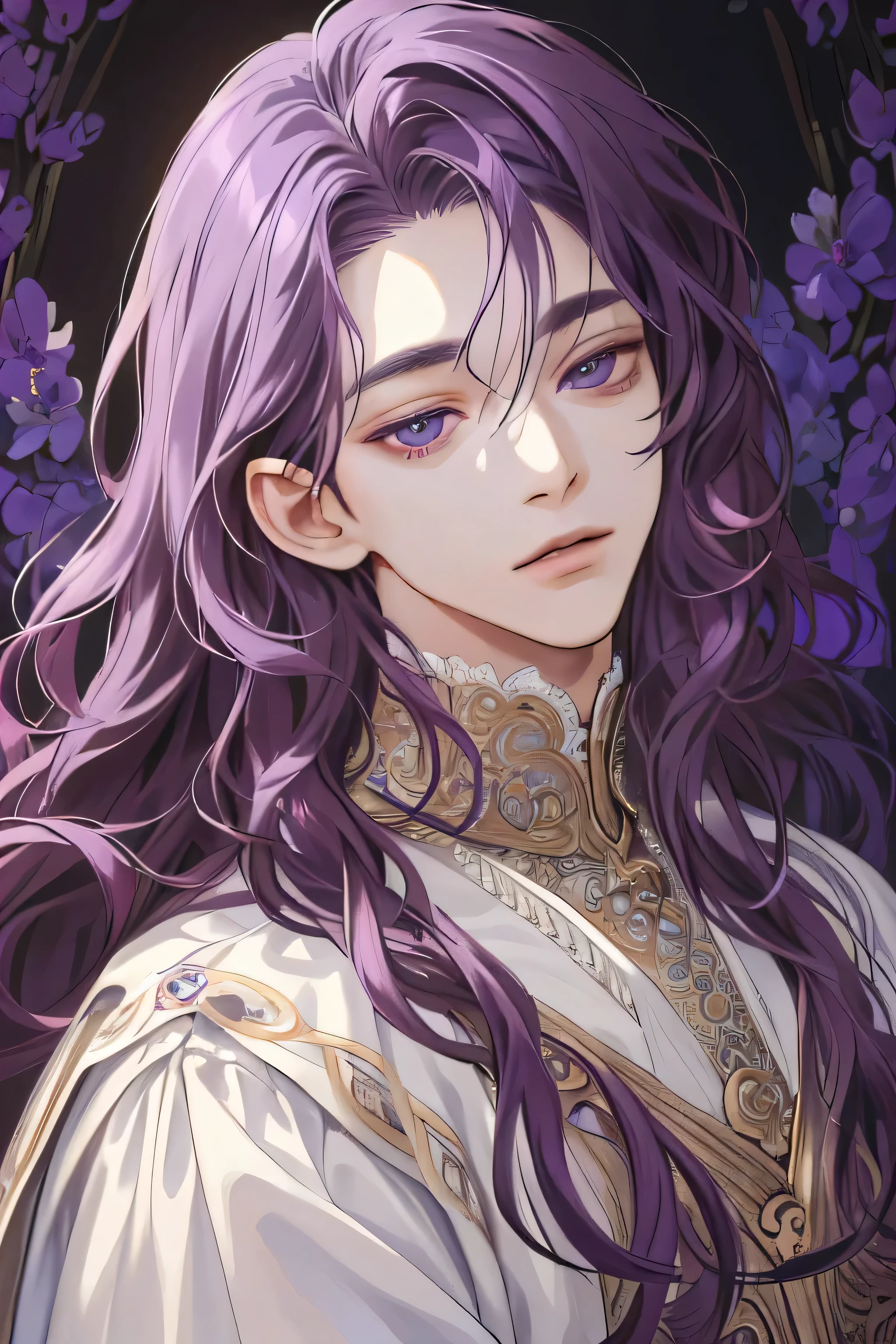 (extreamly delicate and beautiful:1.2), 8K,(masterpiece:1.0),(best_quality:1.0), 1 Boyy, and intricate detailing, Enlarged textures, and intricate detailing, finely eye and detailed face, and intricate detailing, shiraga, purple long curl hair, (closed mouths), Perfect eyes, Equal eyes, purple eyes (A Male god)