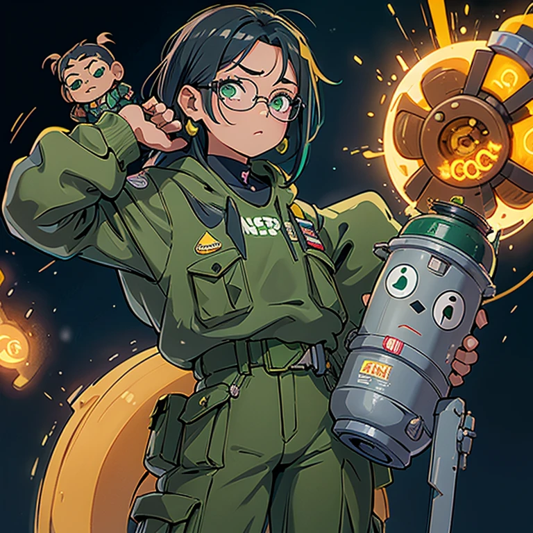 Chica heroina ,tez mestiza ,cabello negro ,rizado y corto, ojos verde neon y una mirada fuerte, tiene lentes y usa un traje de mecanismos y su poder es gas verde. Su traje es algo militar con un cinturon equipado con granadas de humo y unas botas mecanicas 
