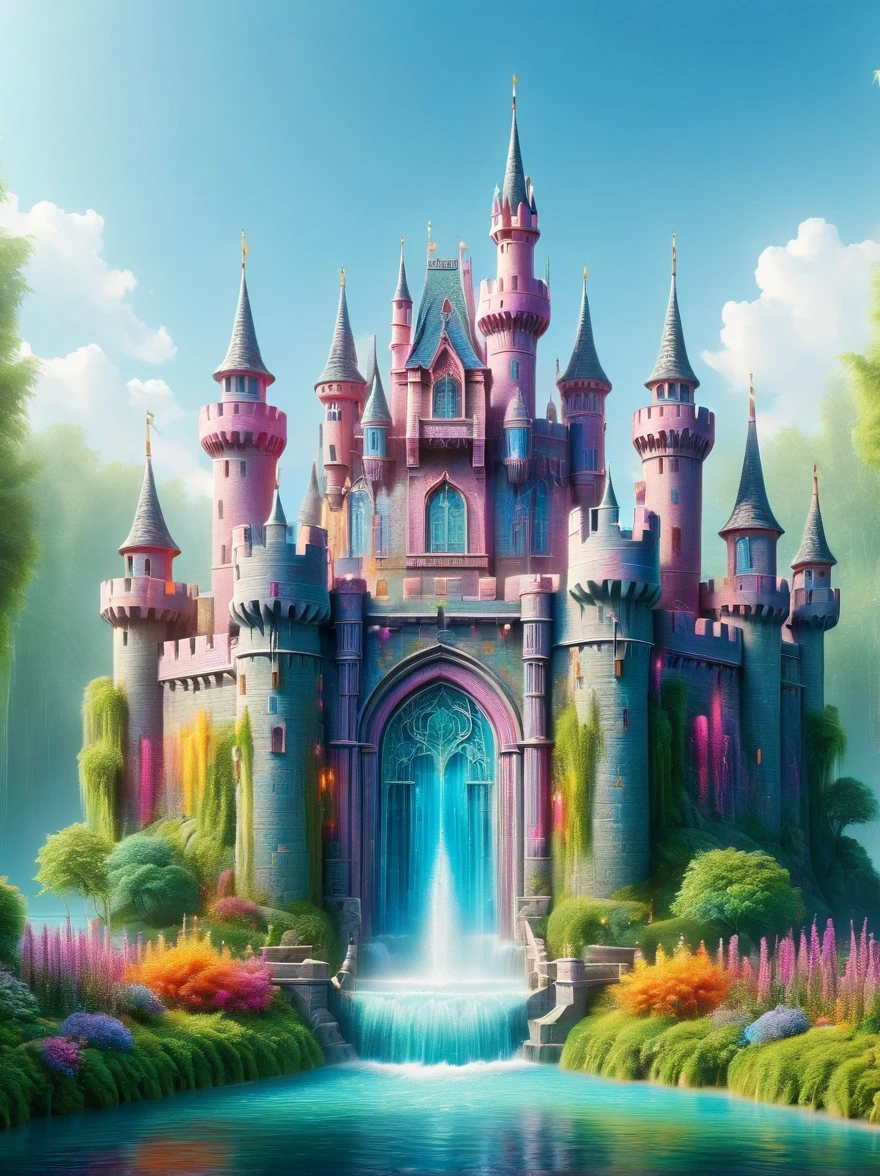 (Dream Castle:1.5), Dreams，Psychedelic，Neon light，In dreams, Imagine a magical scene where a castle is made completely out of water. The castle towers are composed of clear, sparkling water, standing tall and proud, creating a mesmerizing sight. Its walls look like cascading waterfalls, flowing gracefully. The castle gates resemble water currents that open and close but never lose their watery essence. This fantastical water castle appears on a sunny day, causing the sun rays to dance and play on its surfaces, creating a breathtaking spectrum of colour.