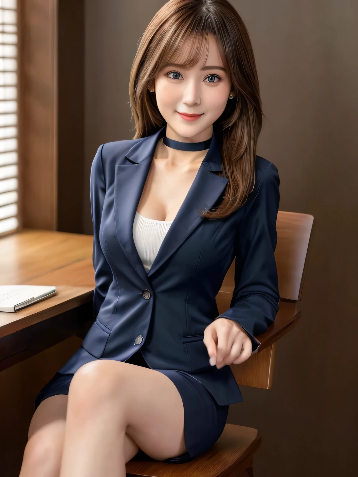 masterpiece, 1 mature woman per photo, Cute Japanese Secretary, Very cute face, Glossy Lips, Double eyelids on both eyes, Natural Makeup, (Brown Hair , Long Bob Hair), Asymmetrical bangs, High resolution, Attention to detail, Detailed hairstyle, Detailed face, Cinema Lighting, Octane Rendering, Ultra-realistic, Perfect limbs, Perfect Anatomy, ((Black choker:1.2)), blue eyes, Big Breasts, ((The body is slim:1.5)), Cool Beauty, Slim face, smile, Fantasy World, ((Straight Long Hair)), Wooden wall, Wooden desk, Wooden chair, Big Breasts, (uniform, Navy blue blazer), document, coin, book, pen, Sitting, I am writing a diary.